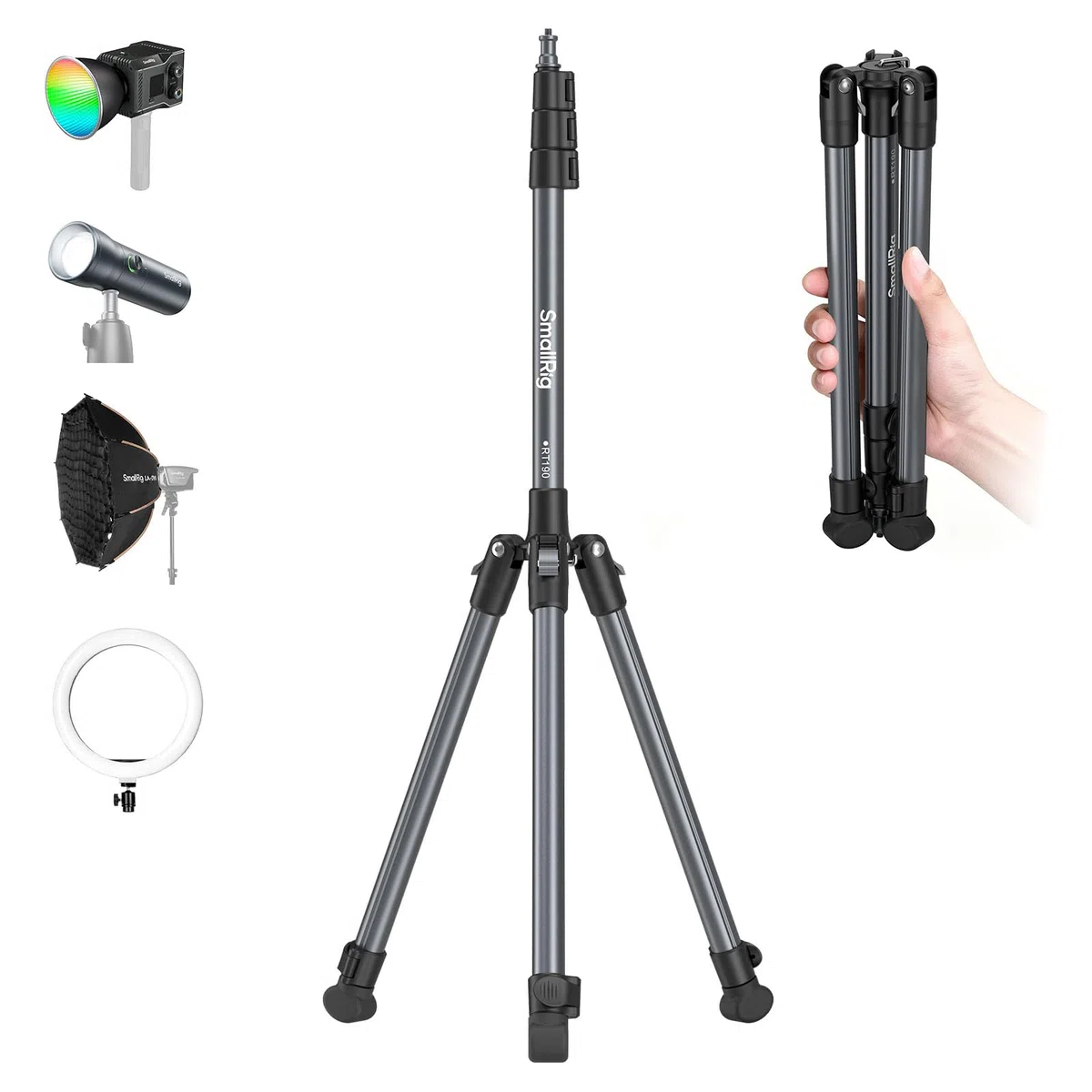 SMALLRIG Supporto per Luci da 74,8"/190 cm, Treppiede Compatto per Torce, Luce ad Anello, Luci Video LED/RGB, Luce COB, Supporto per Illuminazione Pieghevole e Regolabile, Dimensioni 16,9"/43 cm -5475