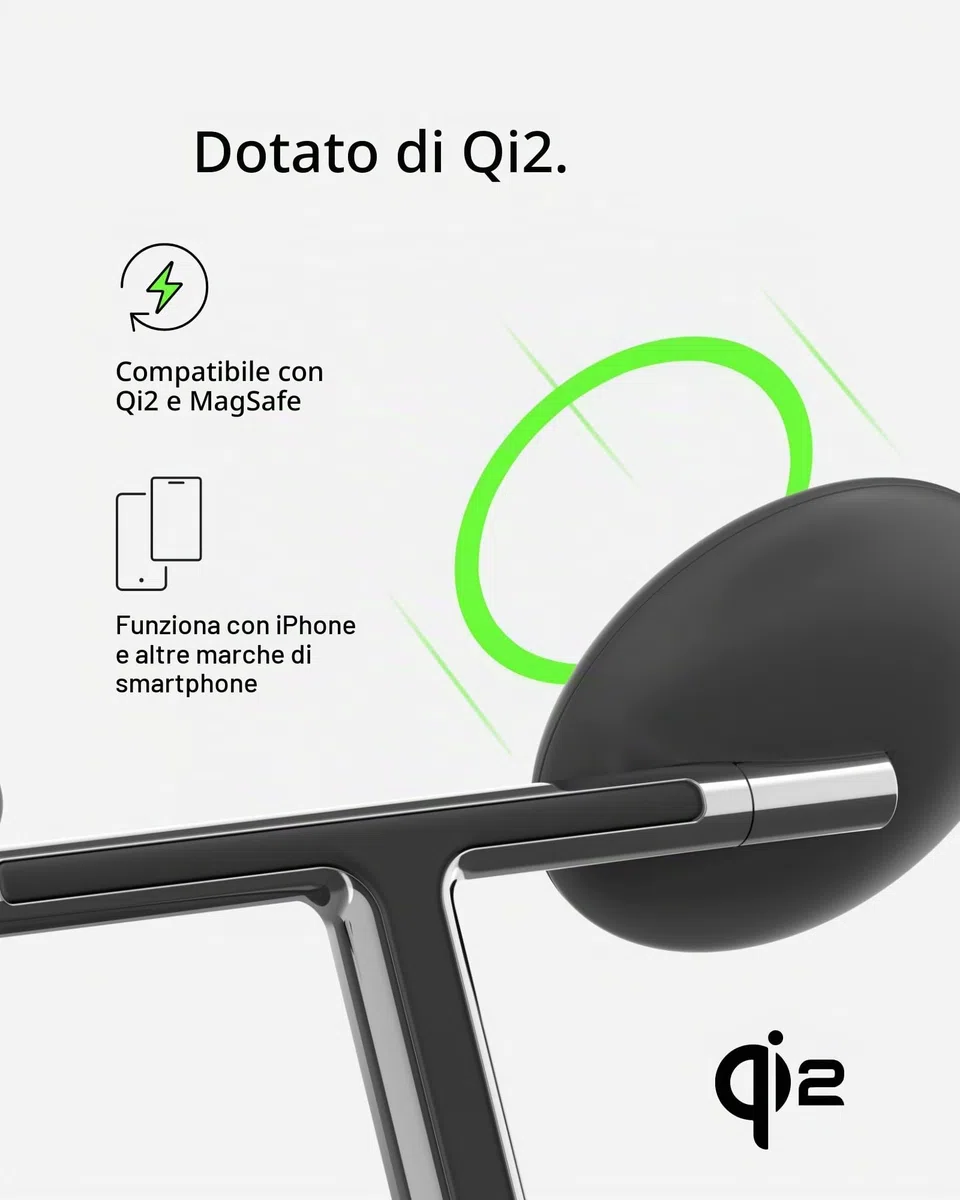 Belkin BoostCharge - Supporto di ricarica wireless 3 in 1 con Qi2 15W, caricatore rapido compatibile con MagSafe per iPhone 17, Air, 16, 15, 14, 13, 12, PixelSnap, AirPods, Apple Watch (alimentatore