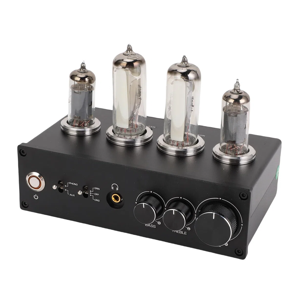 AUNMAS Preamplificatore Fono Valvolare Elettronico, Preamplificatore Audio Stereo HiFi con Jack per Cuffie da 3,5 MM e Controllo dei Bassi Acuti, per Giradischi MM MC (Spina UE 100-240 V)