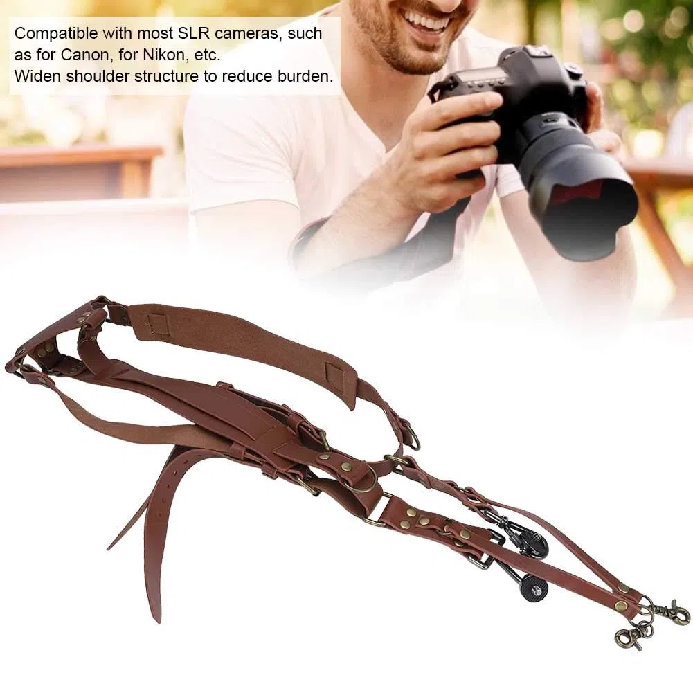 Haofy Cinghia per Fotocamera per 2 Fotocamere, Accessori per la Fotografia con Cinturino in Pelle a Doppia Spalla per Fotocamere DSLR(Spalle-Marrone)