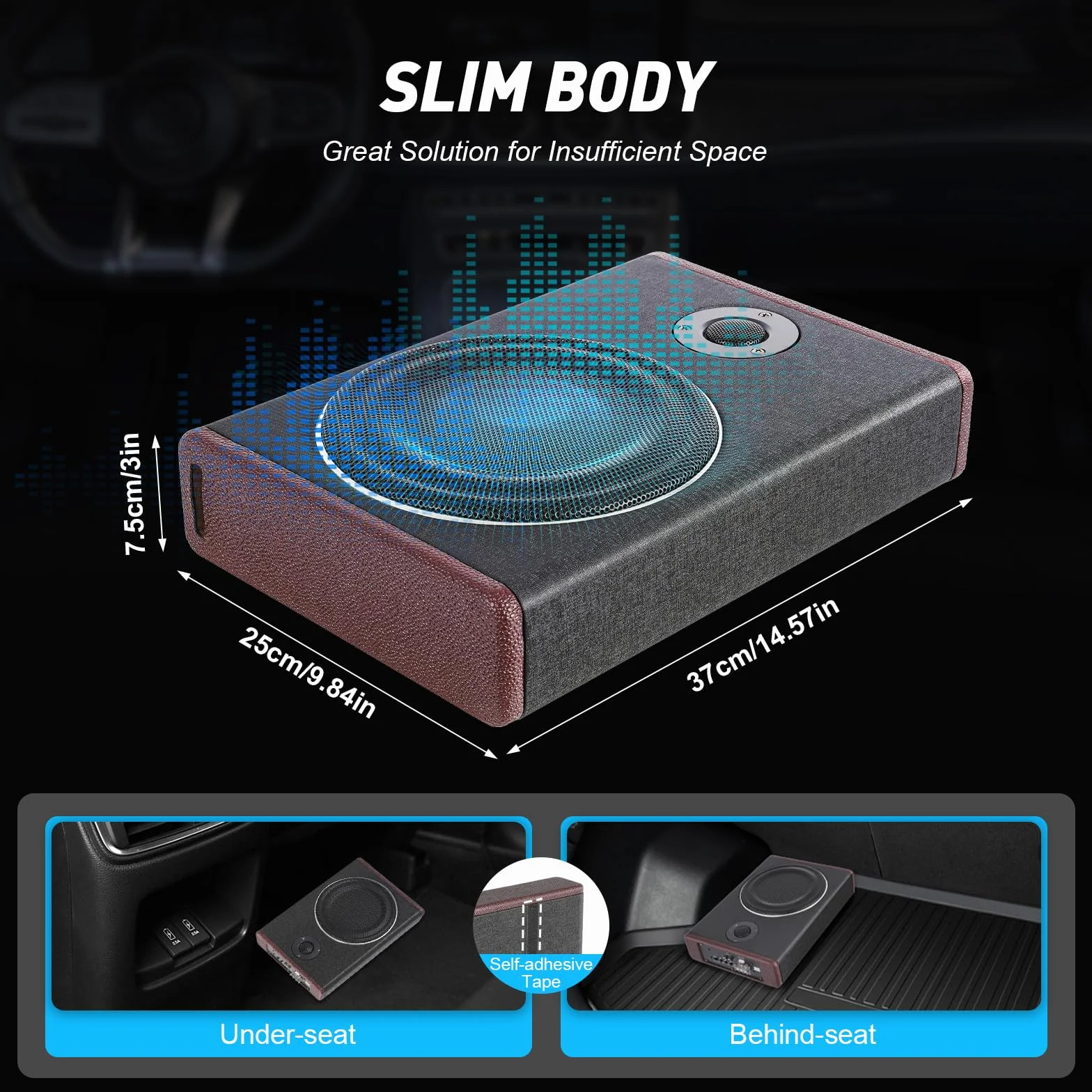 Subwoofer attivo per auto da 8 pollici con Bluetooth, ultra sottile sotto il sedile, potenza massima 600 W, solo 7,5 cm di spessore, amplificatore integrato per auto e camion, nero