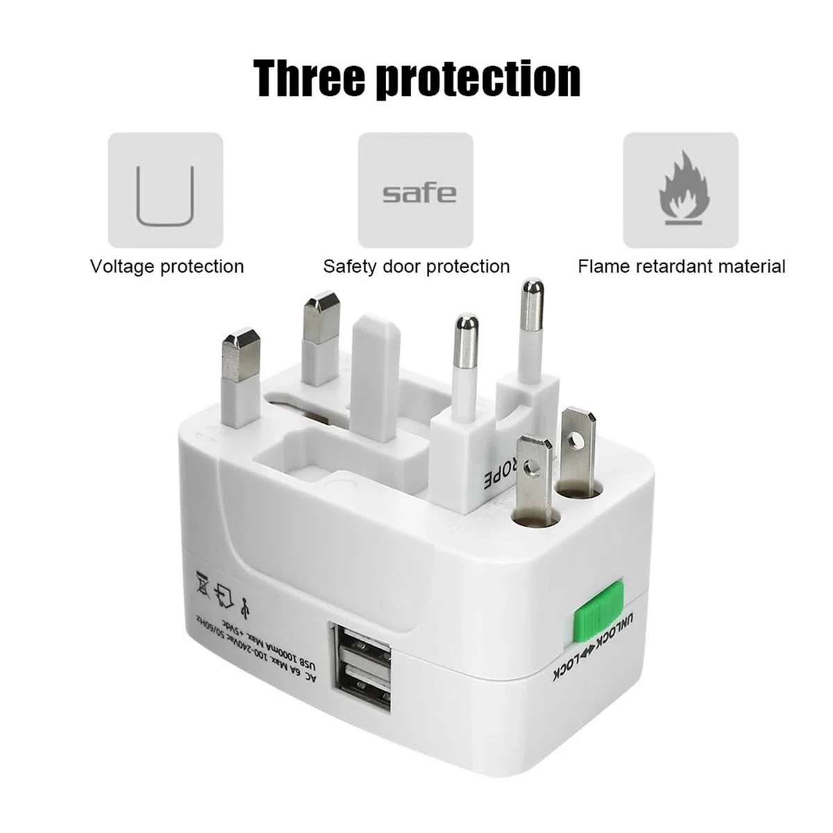 Adattatore universale AU/US/UK/EU con 2 porte USB-C | Adattatore da viaggio con prese AU/US/UK/EU. Include 2 porte USB-C. Certificato CE.(Black 2USB)