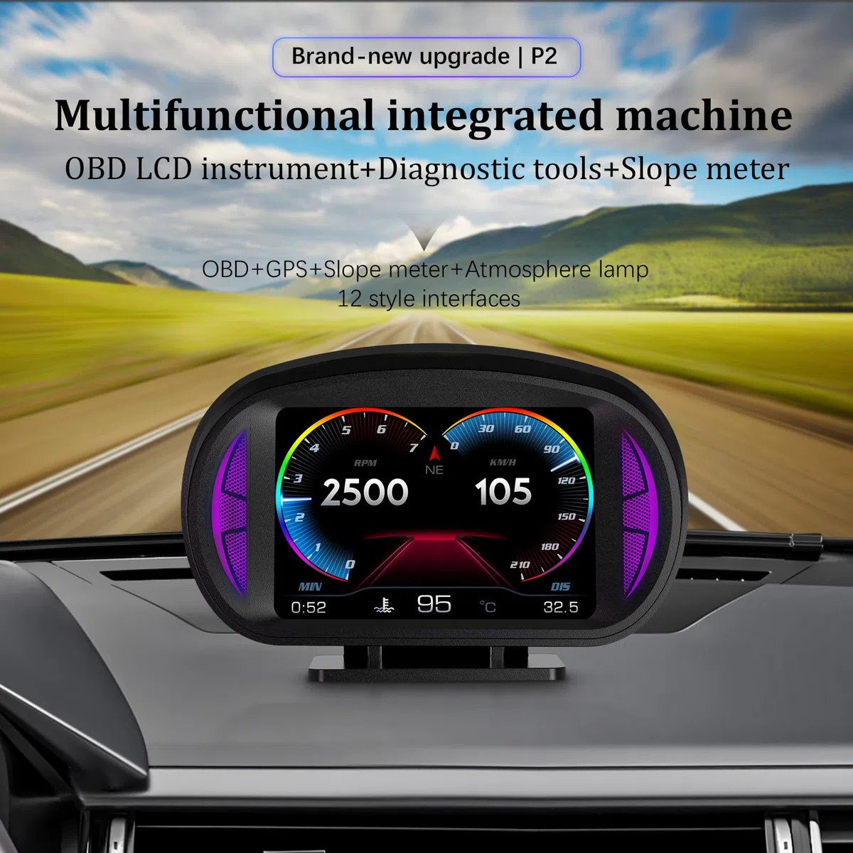 P2 HUD Car Head Up Display, tachimetro intelligente GPS con allarme di velocità eccessiva voltmetro avvertimento, HUD OBD2 plus GPS Dual System, applicabile a tutte le