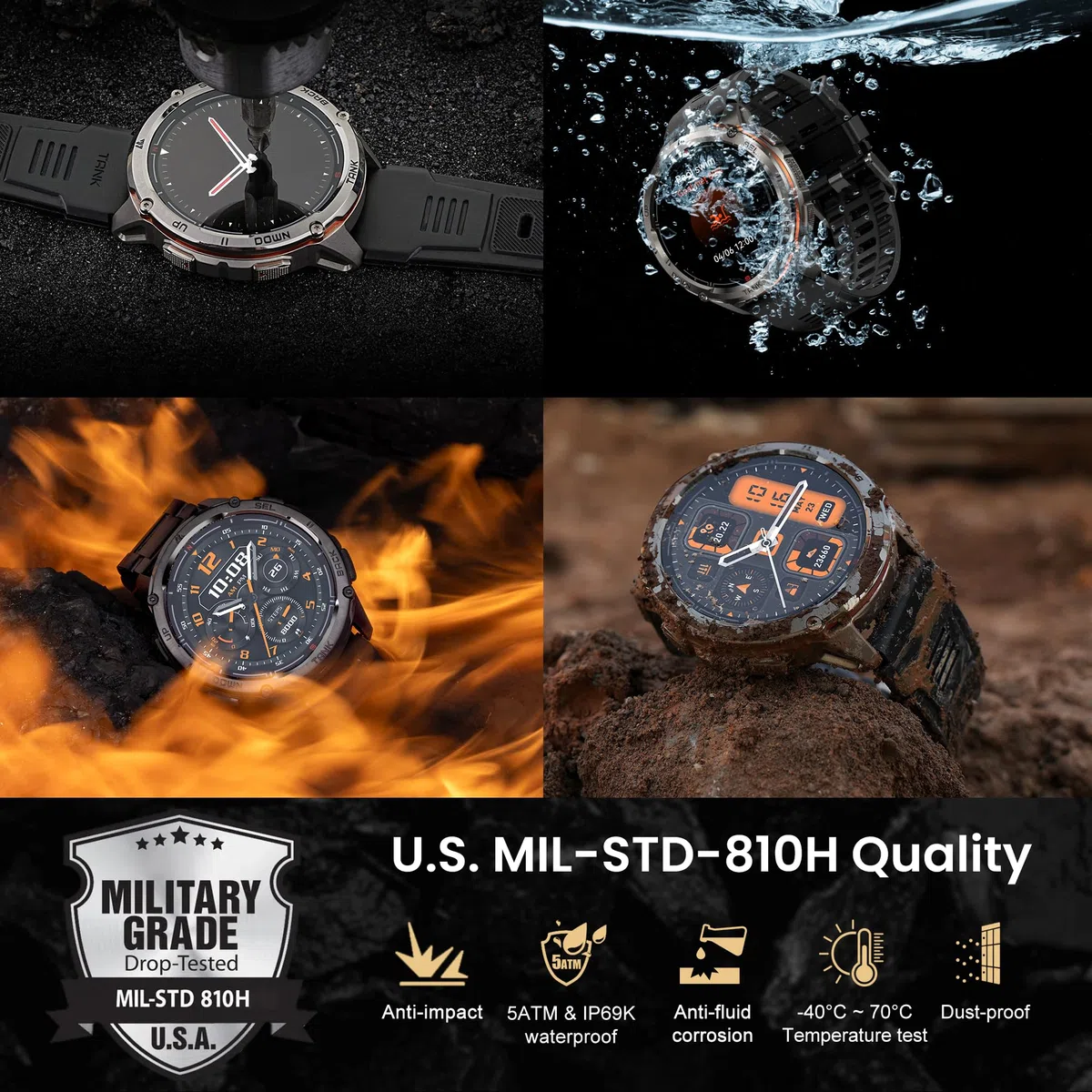 KOSPET Tank T3 Ultra 2 Smartwatch Uomo Rugged, Orologio Militare con GPS, Impermeabile 5 ATM, Schermo AMOLED HD da 1,43 Pollici, Oltre 170 Modalità Sportive, Compatibile con Android e iOS (Nero)