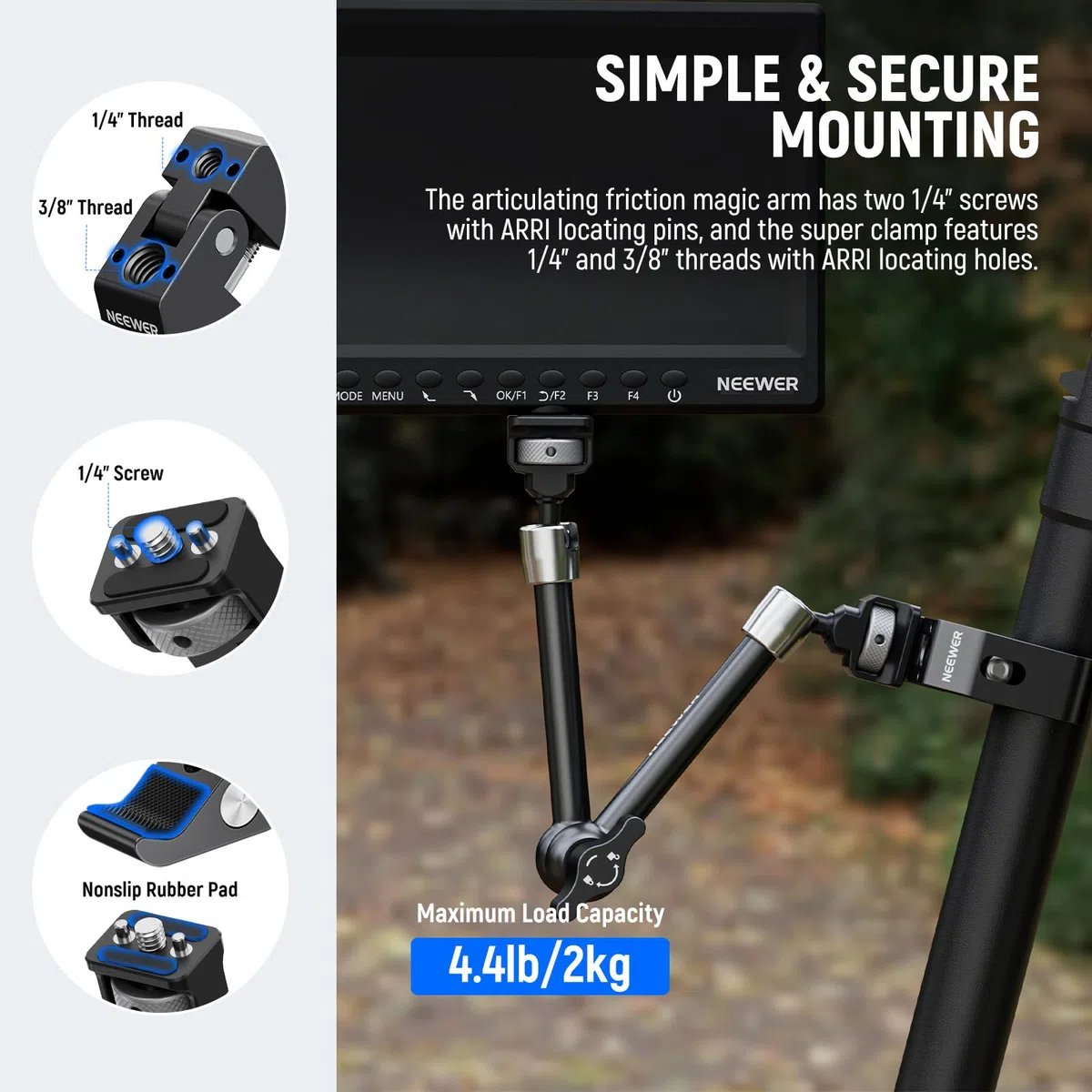 NEEWER Braccio Magico Articolato 11" e Super Clamp, Supporto per Monitor Fotocamera con Fori/Perni di Posizionamento ARRI 1/4" 3/8" per DSLR Action Cam Luce Video, Compatibile con SmallRig Cage,ST16C