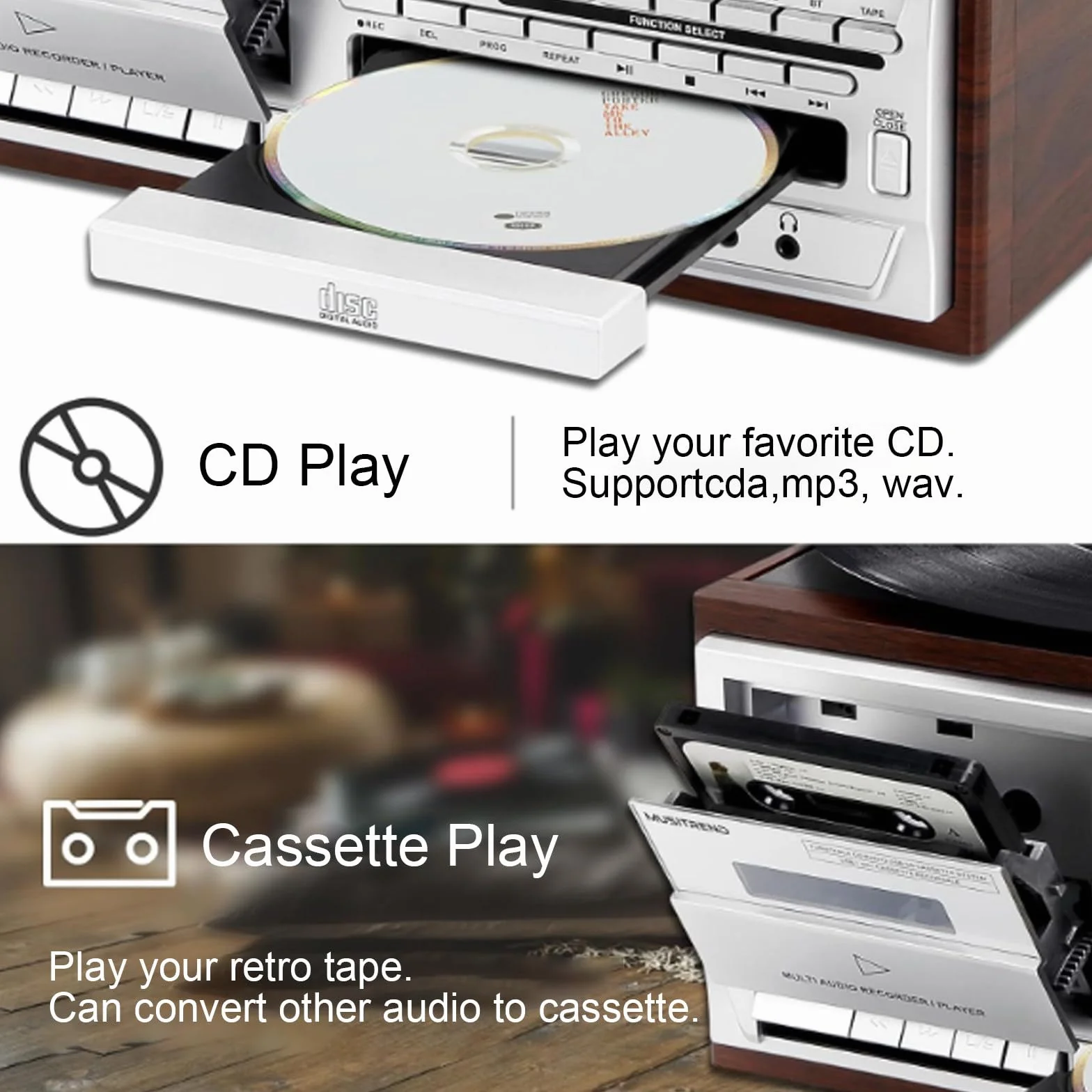 Giradischi vintage giradischi con riproduzione di CD e cassette per gli amanti della musica, stile classico, perfetto per gli appassionati di casa e audio