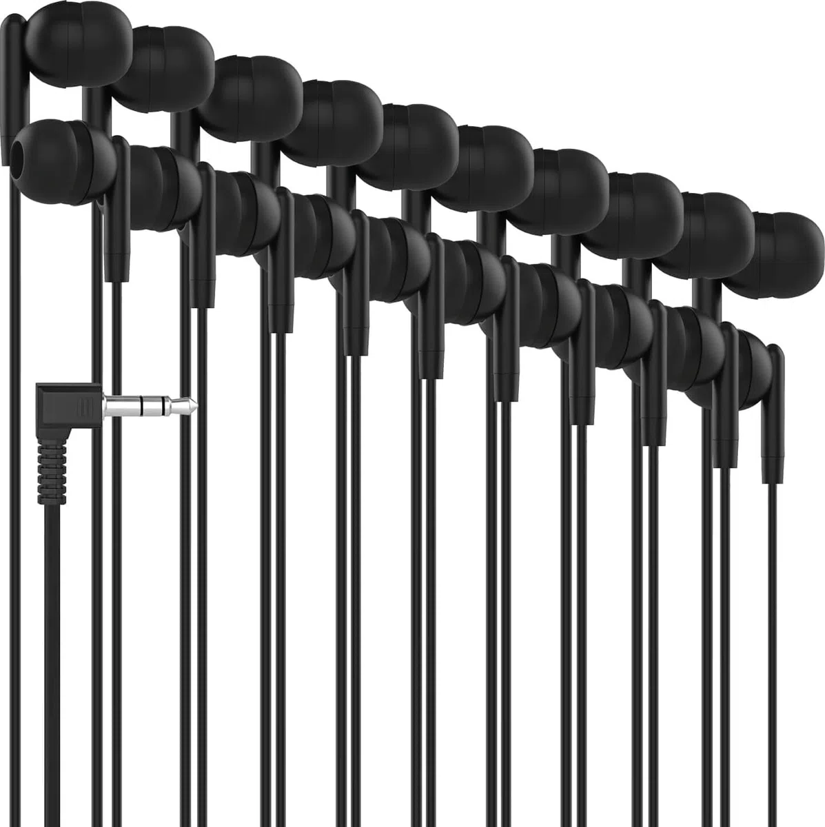 Maeline Confezione da 100 auricolari in-ear, con cavo da 3,5 mm, per smartphone, tablet, computer, perfetti per bambini, adolescenti, adulti, per aule, biblioteche, hotel, aerei, viaggi, colore nero