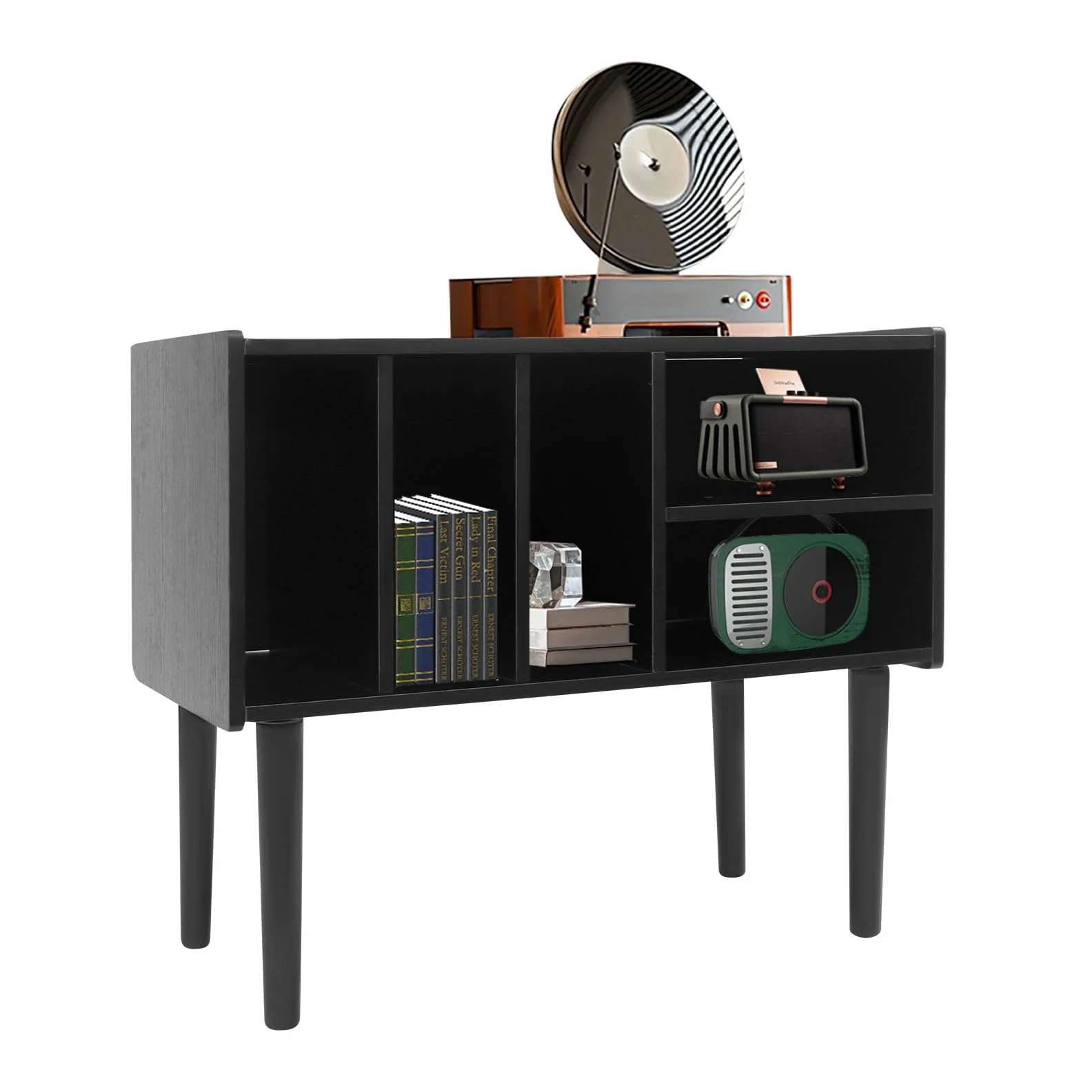 Supporto per giradischi della metà del secolo con contenitore in vinile per fino a 220+ album, Black Vinyl Holder Storage Shelf for Bedroom Living Room