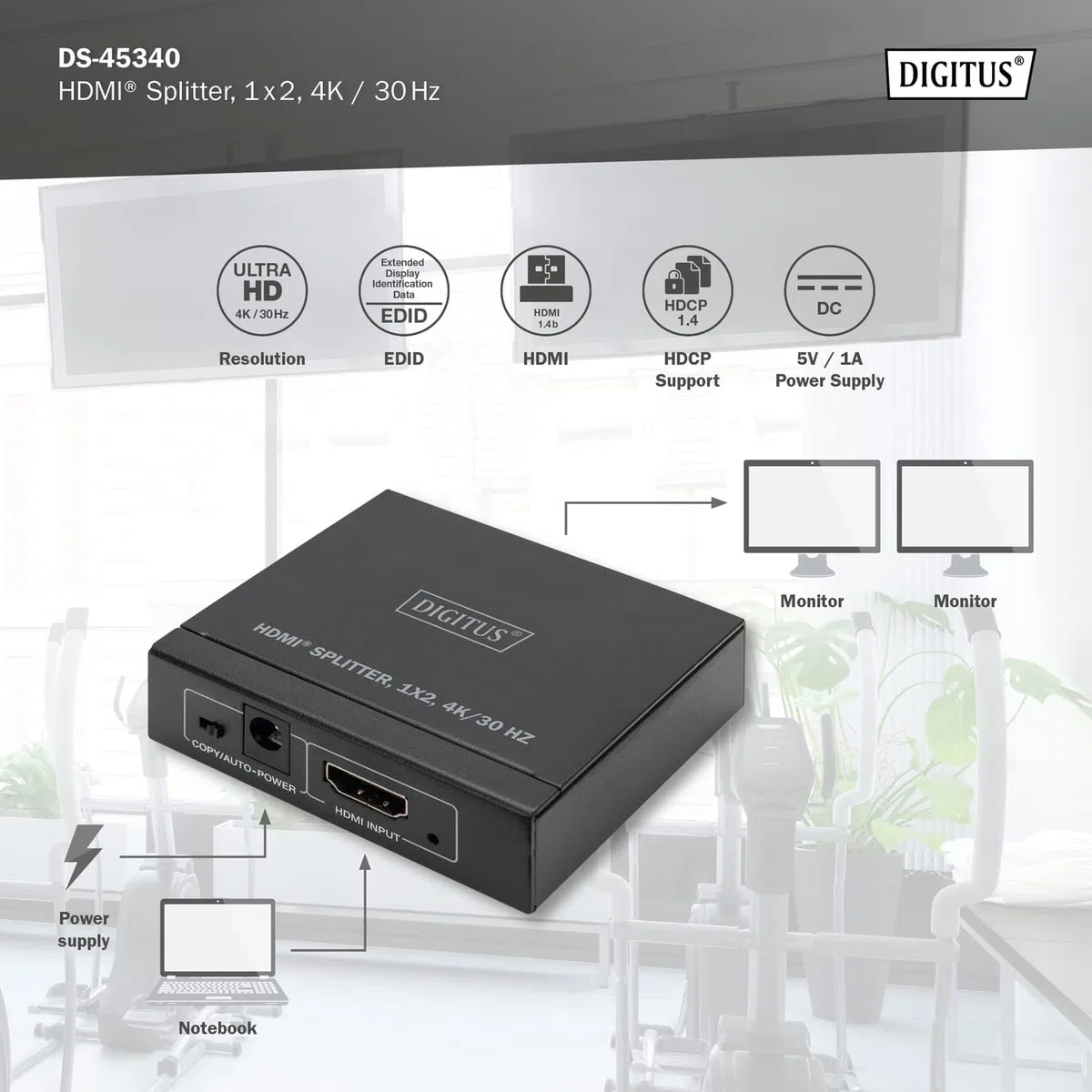 Digitus DS-45340 Splitter HDMI 1x2 - Ingresso: 1 porta/Uscita: 2 porte - UHD 4K/30 Hz - HDCP 1.4 e HDMI 1.4b - Deep Colour, EDID switch, protezione ESD