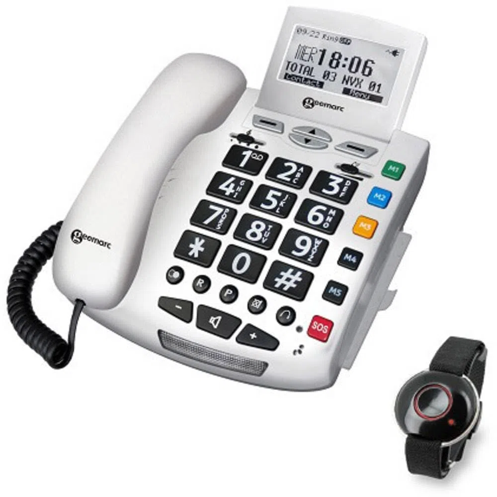 Geemarc Serenities - Telefono a Filo Amplificato e Braccialetto SOS Resistente all'Acqua con Pulsanti Grandi e Suoneria Potente per Anziani - Perdita dell'Udito da Bassa a Media - Versione IT