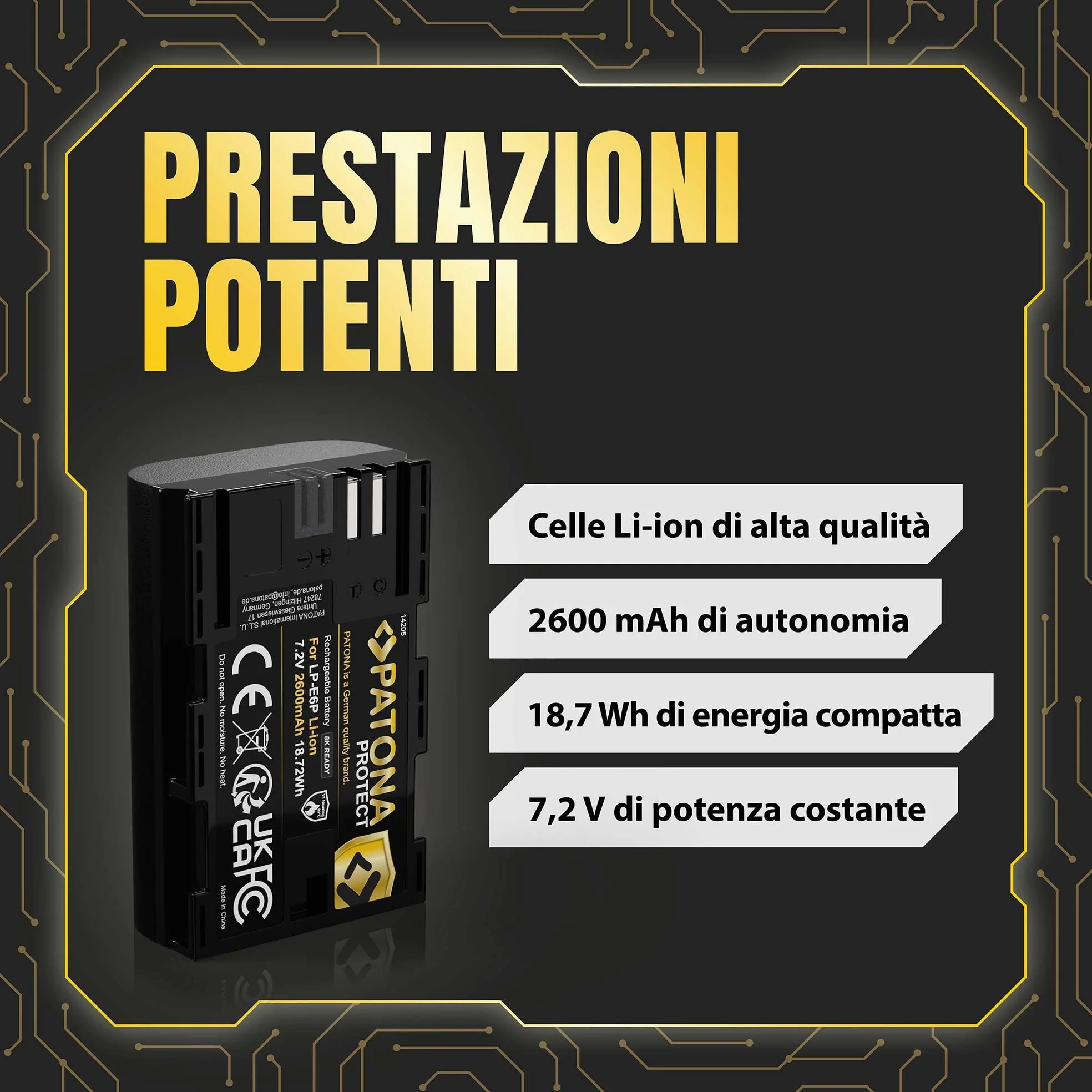 PATONA Protect Batteria LP-E6P 2600mAh 6A – pronta per 8K, per Canon EOS R5 Mark II & R5C – sostituisce LP-E6P LP-E6NH LP-E6N LP-E6 – compatibile con R6 R6II R7 5D IV 90D – guscio V1