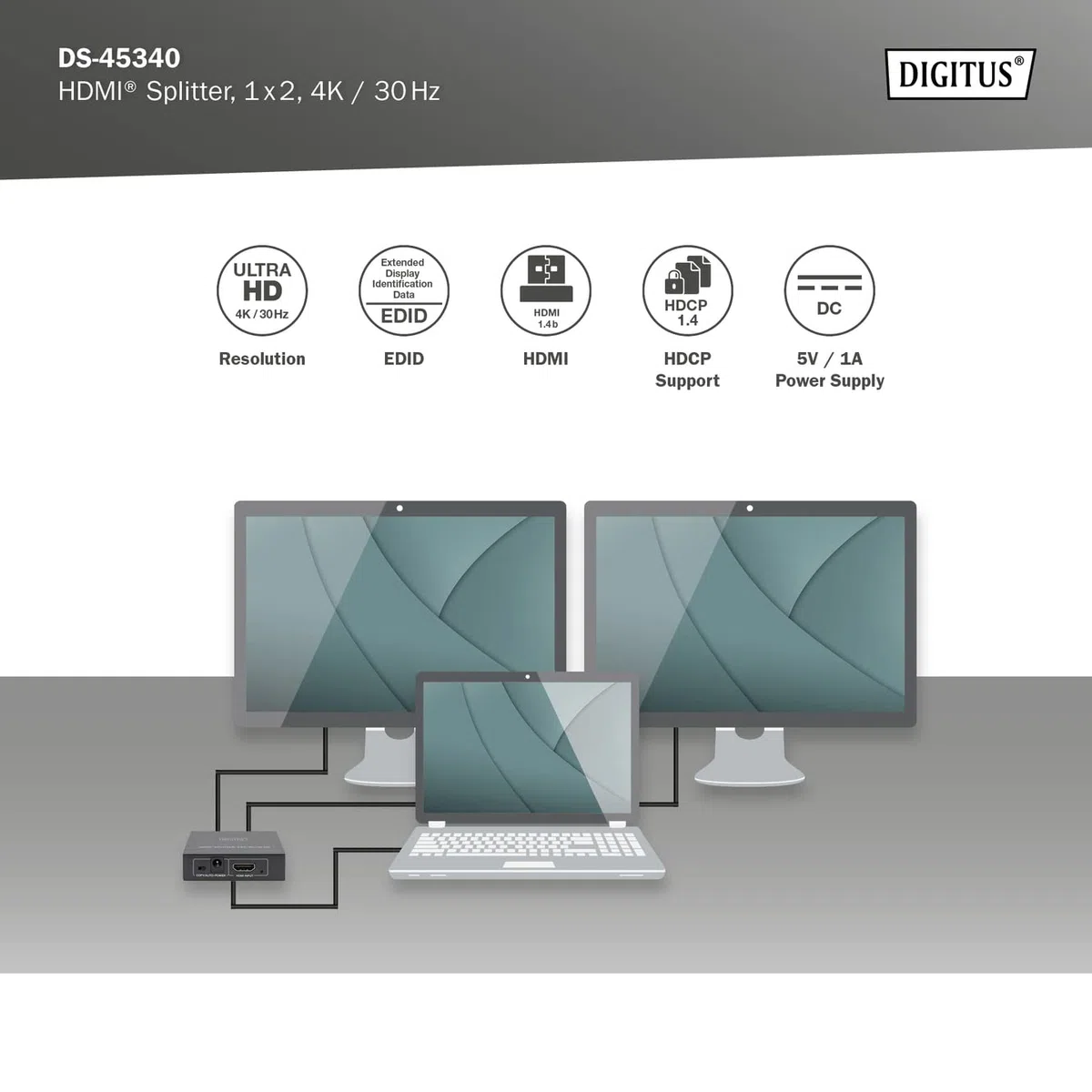 Digitus DS-45340 Splitter HDMI 1x2 - Ingresso: 1 porta/Uscita: 2 porte - UHD 4K/30 Hz - HDCP 1.4 e HDMI 1.4b - Deep Colour, EDID switch, protezione ESD