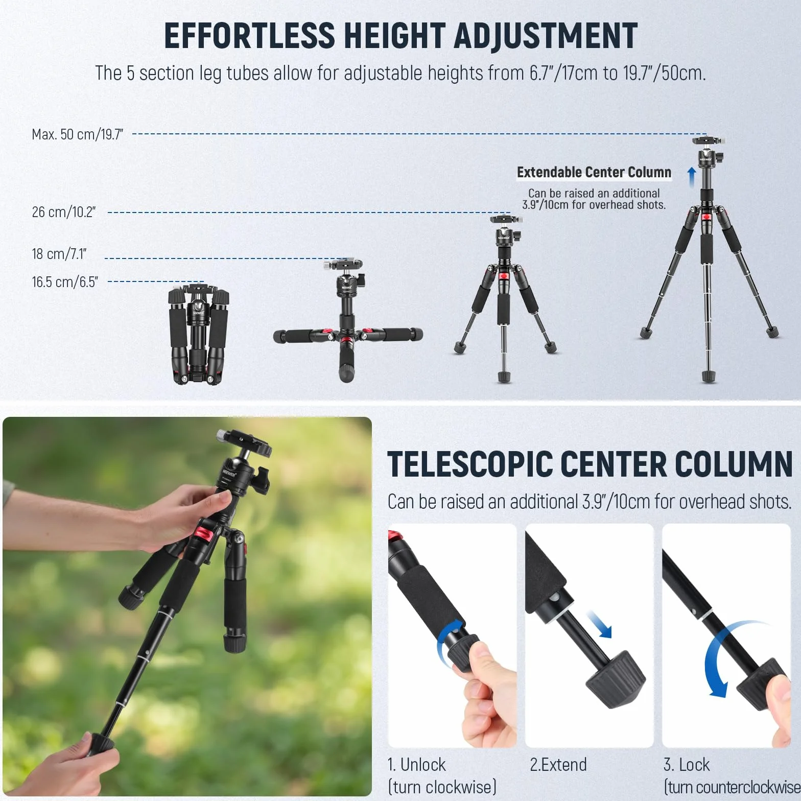 Neewer Mini treppiede desktop portatile -Lega di alluminio 50 centimetri con testa a sfera da 360 gradi, 6,35 cm piastra a sgancio rapido per videocamera DSLR Videocamera, carica fino a 5 chilogrammi