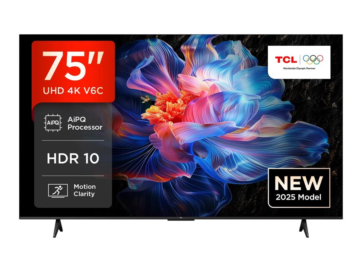 TCL Bundle of 75V6C Direct LED Smart TV, 4K HDR, Google TV (Dolby Audio, Motion Clarity) Dolby Atmos 2.1 Channel S55HE Soundbar, 220W MAX Power with Dual Bass System, Wireless Subwoofer