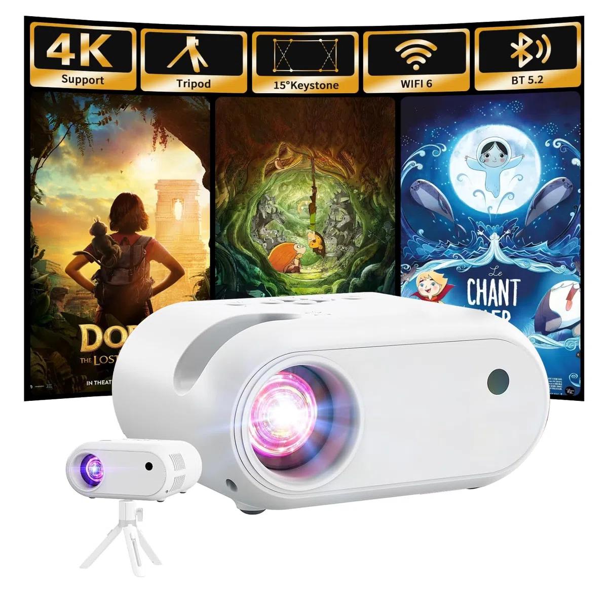 Mini Proiettore 1080P 4K Supporta con WiFi e Bluetooth,Auto Keystone & Zoom,Altoparlante Stereo, Portatile Esterno Casa,Bianco