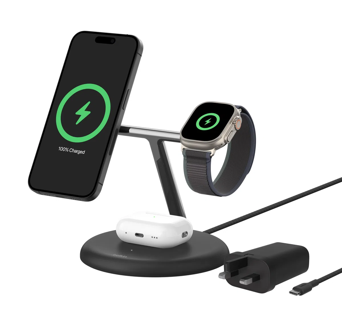 Belkin BoostCharge - Supporto di ricarica wireless 3 in 1 con Qi2 15W, caricatore rapido compatibile con MagSafe per iPhone 17, Air, 16, 15, 14, 13, 12, PixelSnap, AirPods, Apple Watch (alimentatore