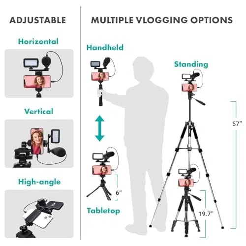 Movo uVlogger Kit Vlogging Compatibile Android/USB-C/iPhone 15 con Treppiede Grande - Kit Iniziale YouTube per Creatori di Contenuti - Accessori: Treppiedi, Supporto Telefono, Luce, Microfono Shotgun