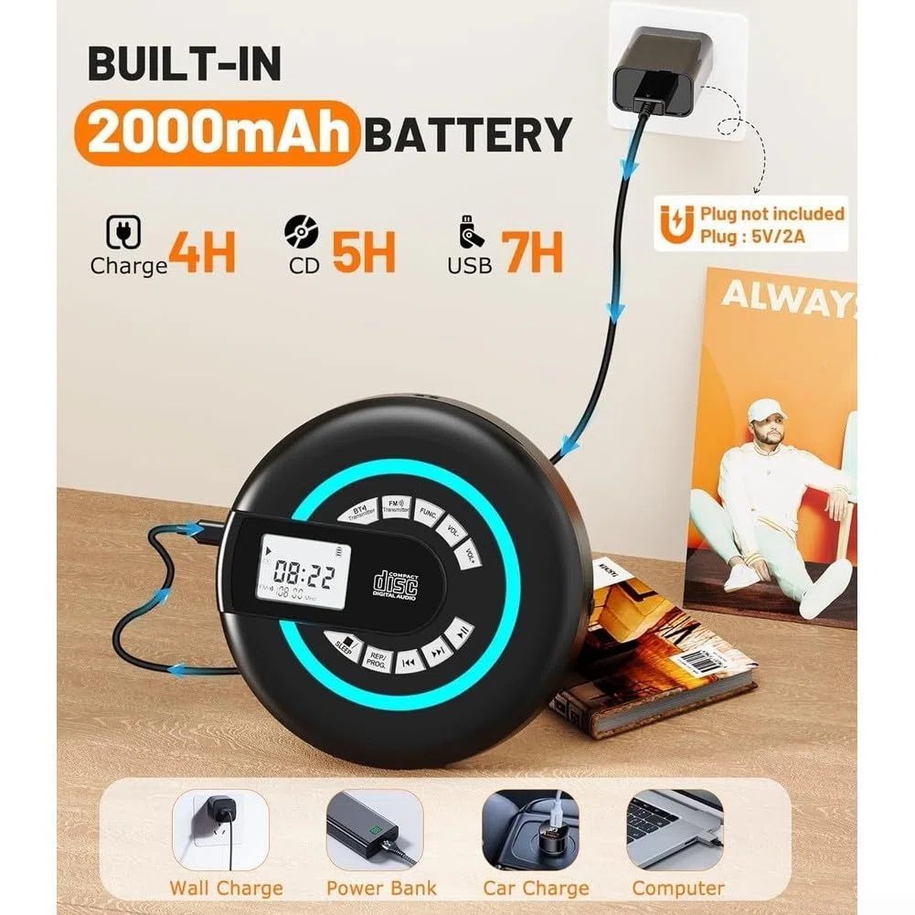 Lettore CD senza fili da 2000 mAh per batteria da viaggio (nero) | 5.3, segnale stabile, doppio streaming wireless, facile accoppiamento con telefono cellulare