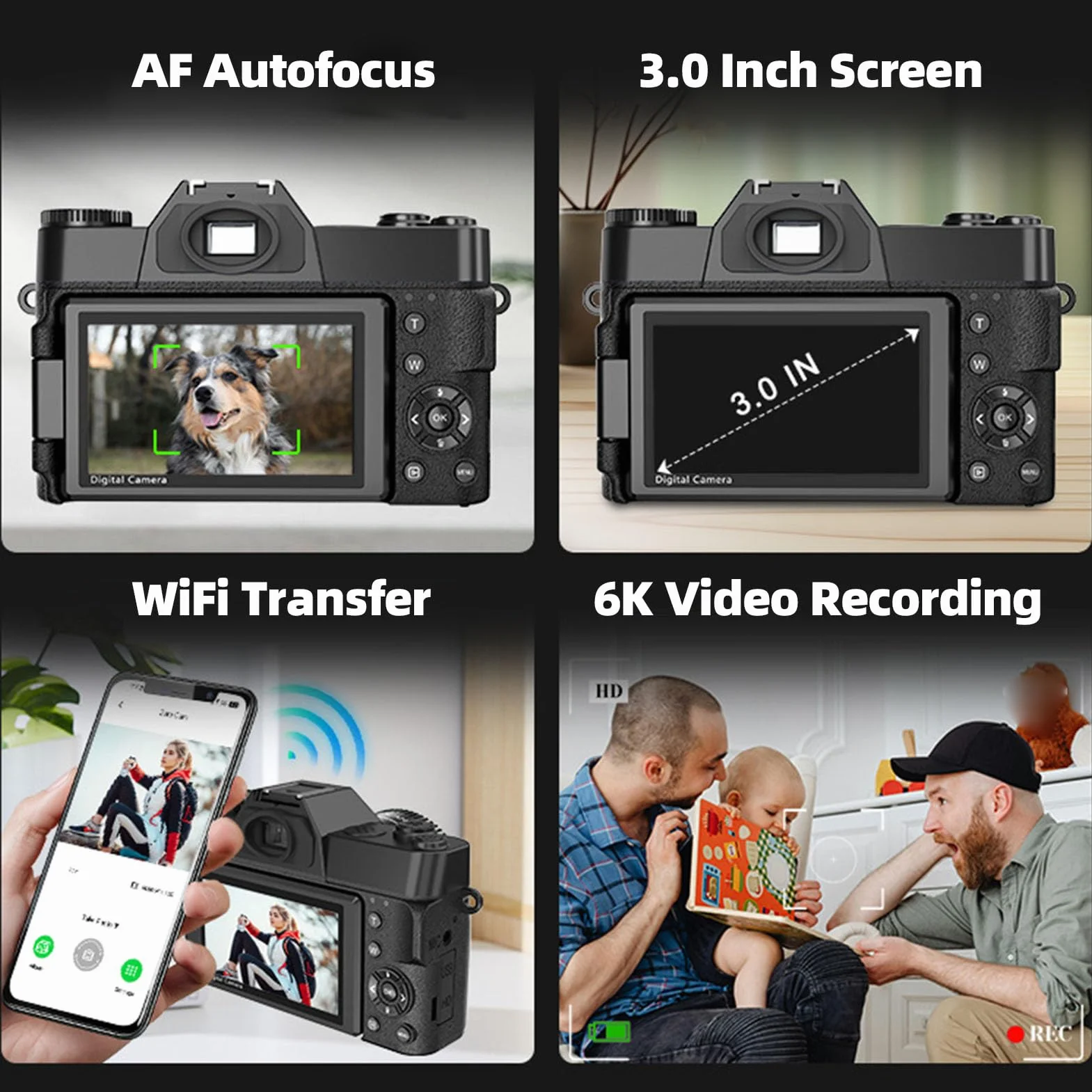 Annadue Fotocamera Digitale per Fotografia, Videocamica da 6k da 64 MP con Schermata di Lancio da 3,0 Pollici, Zoom Digitale 16x, Fotocamera Mirrorless Autofocus per Fotografia (BLACK)