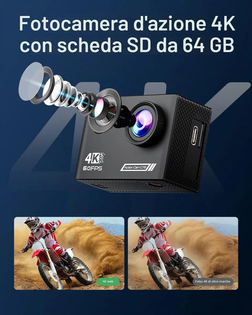 4K60FPS Action Camera 40M impermeabile subacquea con scheda SD da 64GB, stab. a 6 assi, fotocamera da moto con zoom 8x e telecomando 2,4GHz