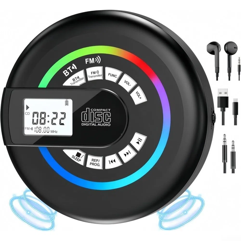 Lettore CD senza fili da 2000 mAh per batteria da viaggio (nero) | 5.3, segnale stabile, doppio streaming wireless, facile accoppiamento con telefono cellulare