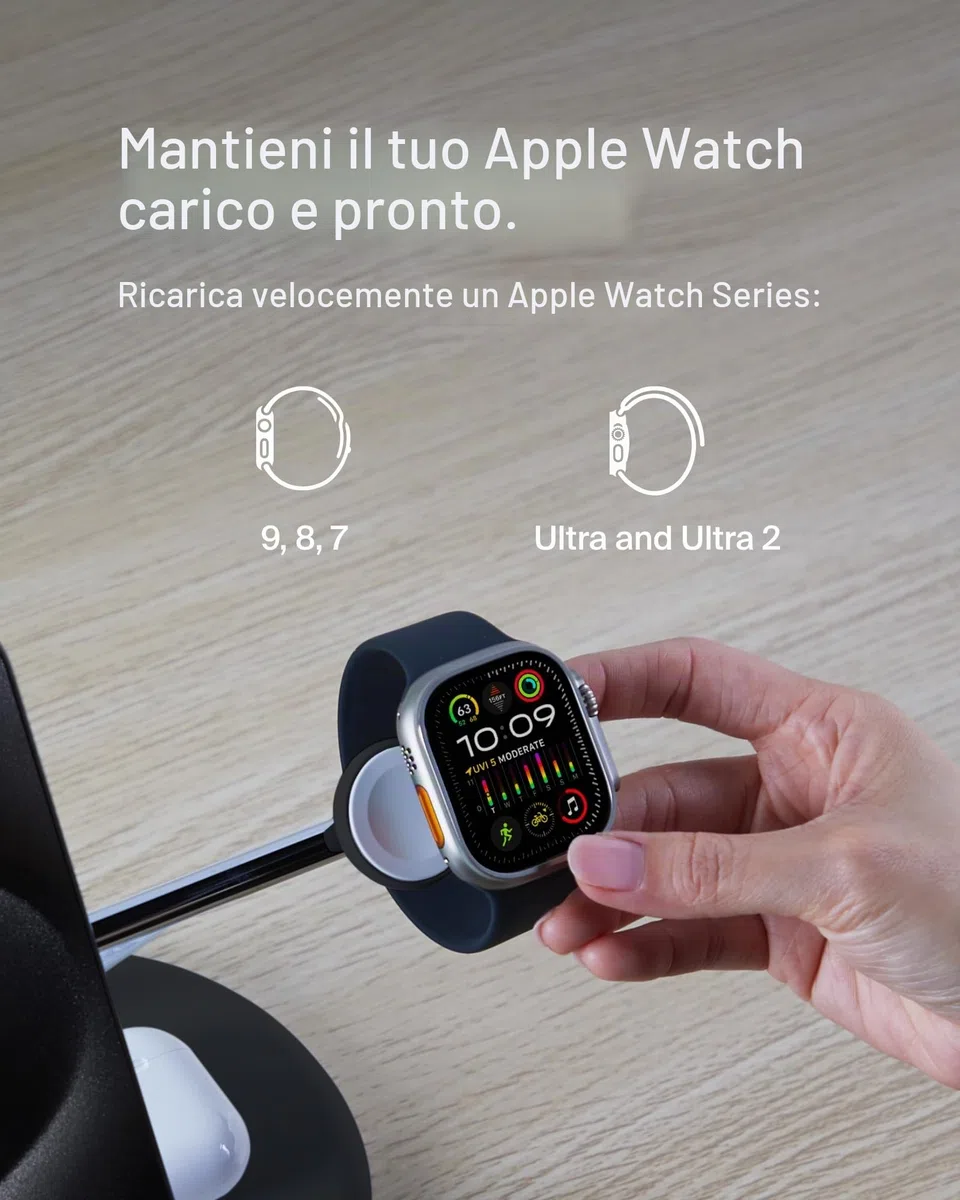 Belkin BoostCharge - Supporto di ricarica wireless 3 in 1 con Qi2 15W, caricatore rapido compatibile con MagSafe per iPhone 17, Air, 16, 15, 14, 13, 12, PixelSnap, AirPods, Apple Watch (alimentatore