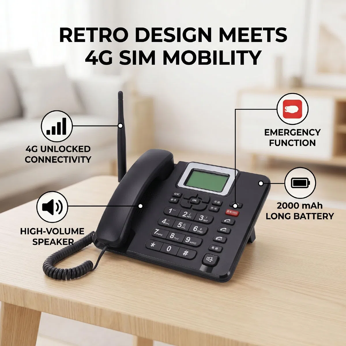 PUSOKEI Telefono Fisso Cordless GSM 4G con Scheda SIM, Telefono da Tavolo Classico GSM Wireless con Emergenza SOS, Facile da Usare per Lavoro o Famiglia
