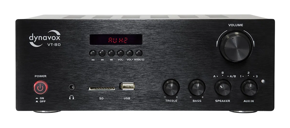Dynavox VT-80 amplificatore stereo compatto, terminali di connessione a vite per 4 altoparlanti, telecomando solo per ingressi digitali (USB, scheda SD), antenna BT integrata, nero