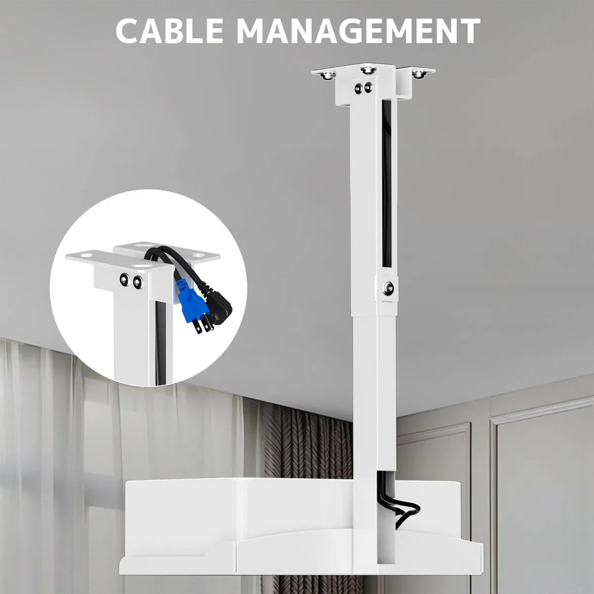 PUTORSEN Supporto Proiettore Soffitto e Parete - Staffa Proiettore Regolabile in Altezza,Installazione Senza Foratura,Gestione dei Cavi Nascosta,Supporto Fino a 10 kg,Bianco
