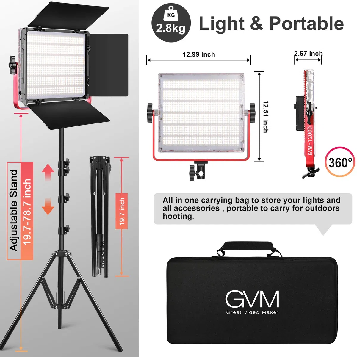 GVM 1200D RGB - Pannello di luci video con treppiede, confezione da 2 luci LED da 50 W, con softbox per foto, studio, YouTube, video, streaming 3200 K-5600 K, 22000 Lux/0,5 m, CRI97+