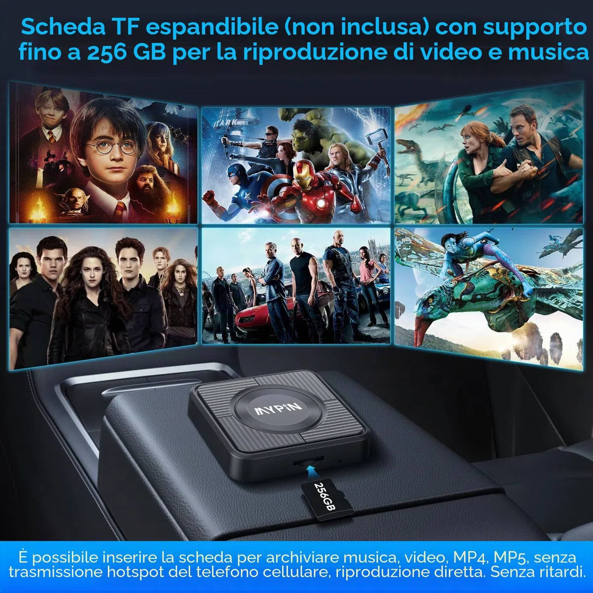 MYPIN Adattatore Wireless CarPlay 3 in 1, per Android Auto e Video, con Supporto Netflix/YouTube e Slot per Schede TF, Plug & Play, Compatibile con USB Type-C/A, per iPhone e Android