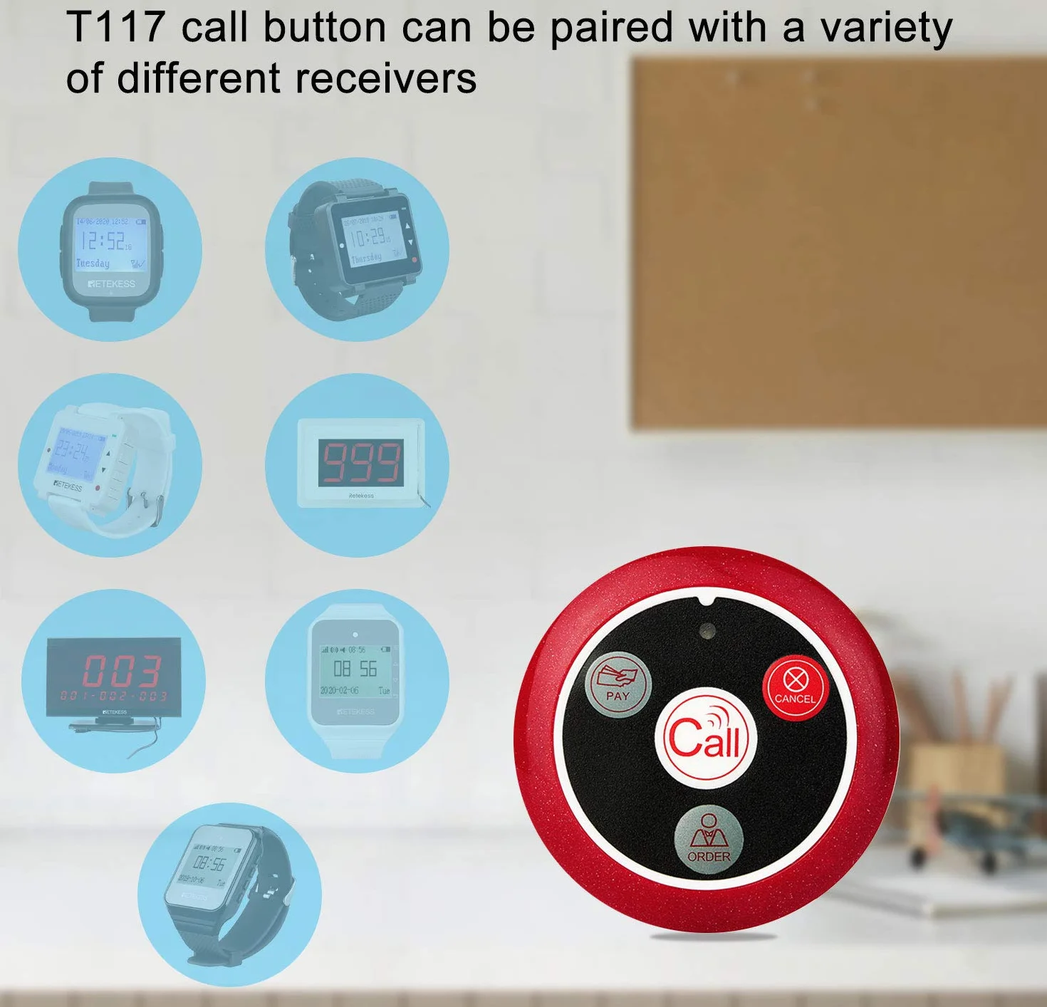 Retekess T117 Sistema Cercapersone, Pulsante di Chiamata Wireless, 4 Tasti Funzione, Impermeabile, per Schermo T114 Orologio TD106 o Orologio T128, Ristorante, Hotel, Bar (5 Pulsanti di Chiamata)