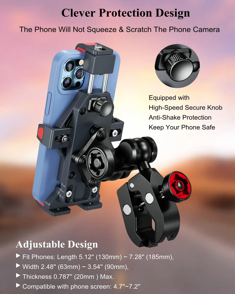 BRCOVAN Lega Alluminio Supporto Telefono Motociclo con Smorzatore Vibrazioni, Metallo Manubrio Porta Telefono per ATV UTV Bici Moto Scooter per 4.7''-7.2'' Smartphone, Nero