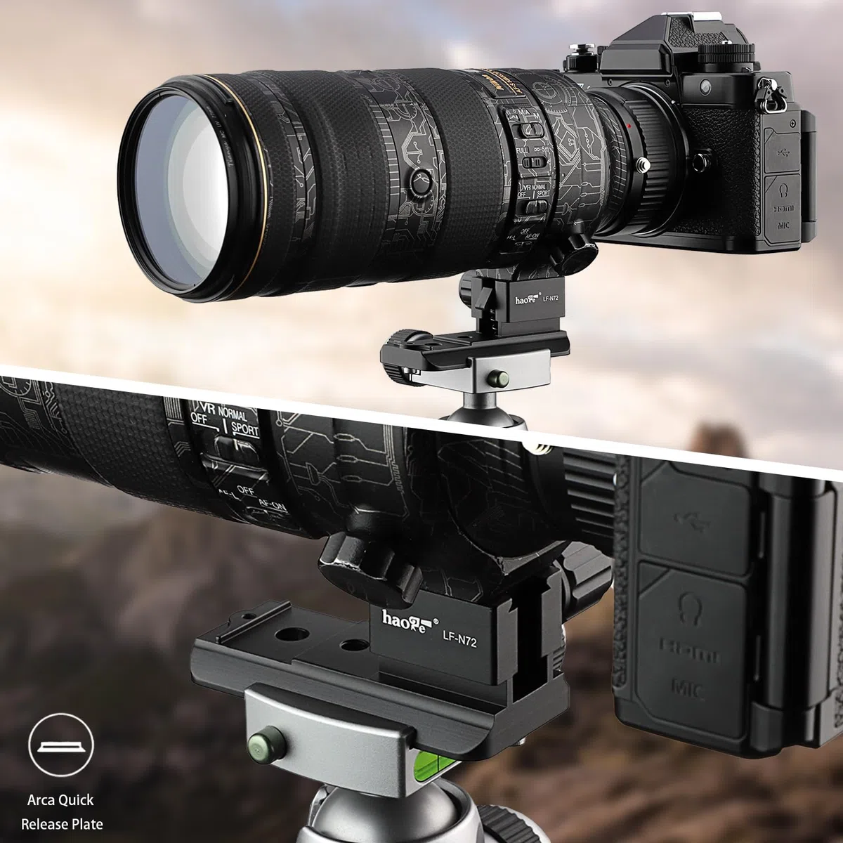 Haoge LF-N72 - Anello adattatore per treppiede per Nikon AF-S Nikkor 70-200 mm f2.8G ED VR I II, 70-200 mm f2.8E FL ED VR e 500 mm f5.6E PF ED VR con piastra a sgancio rapido Arca Swiss integrata