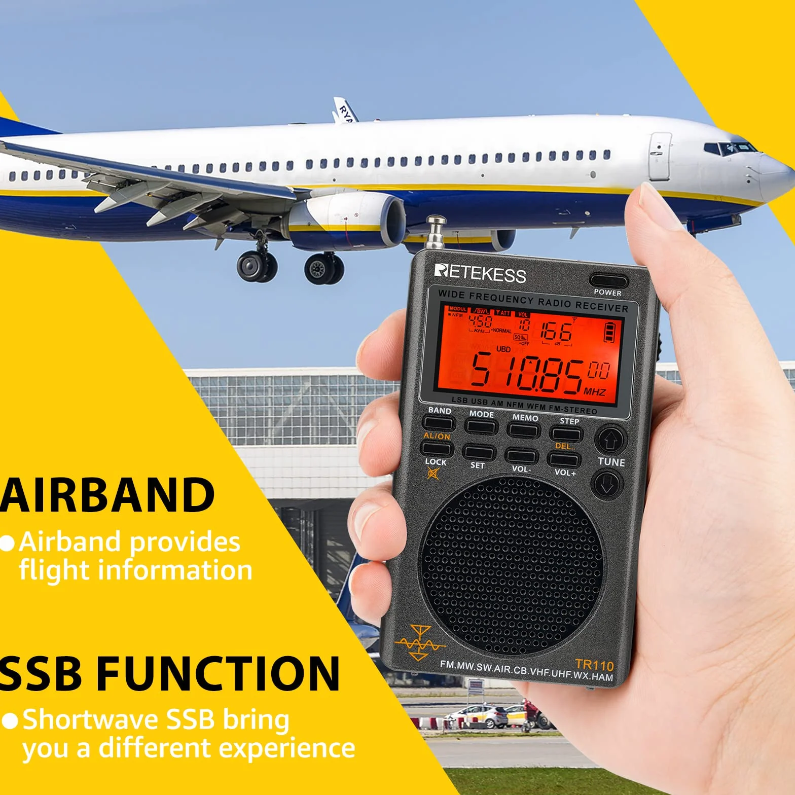 Retekess TR110 Mini Radio Portatile, AM FM Radio | per Esterni, Avventura, Viaggio, FM/MW/SW/SSB/Air, FM Stereo, Temporizzatore di Sonno, Antenna Esterna, Batteria Ricaricabile