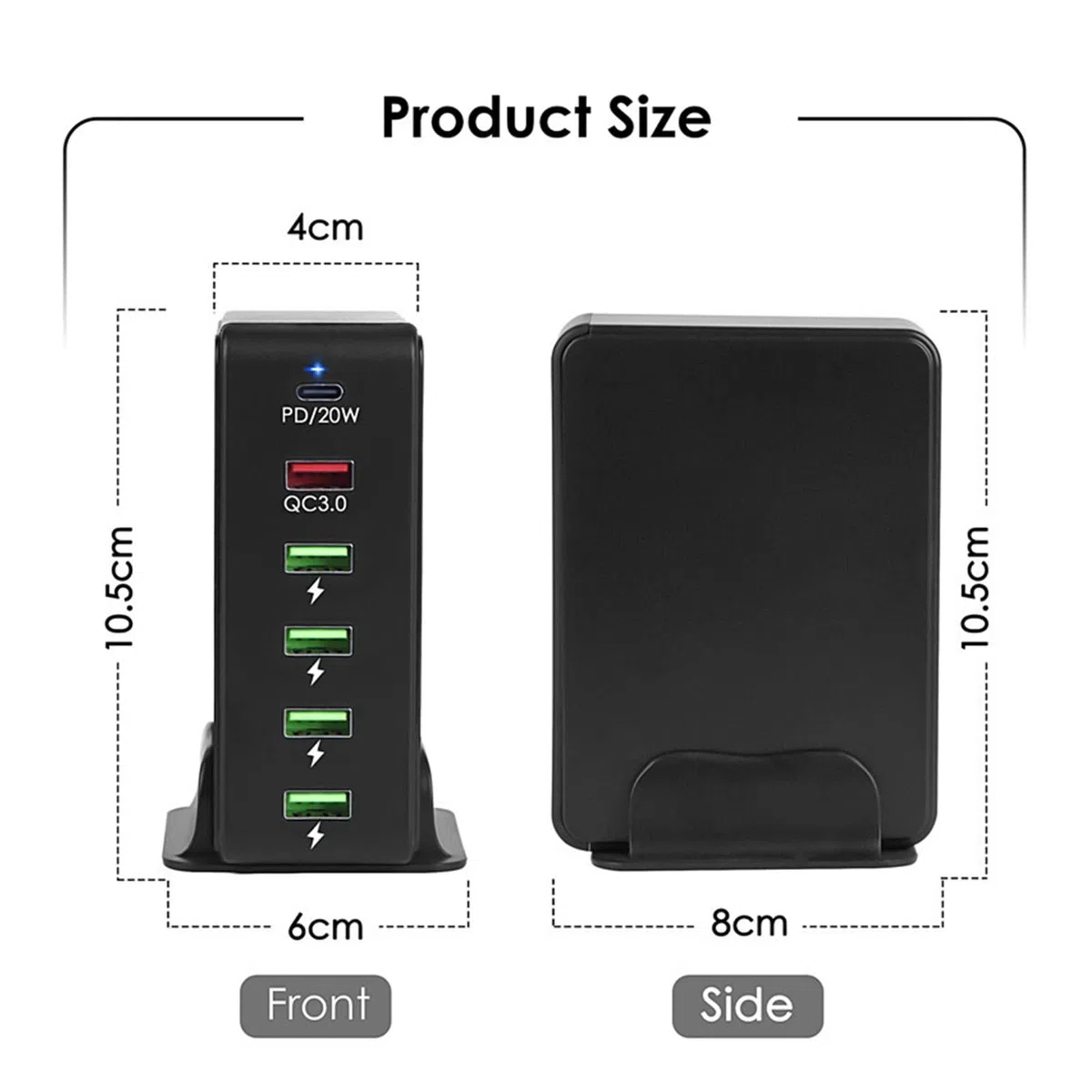 Caricatore rapido USB PD con 6 porte, stazione di ricarica Caricabatterie da parete for telefono universale compatibile cellulare, tablet e altro Design portatile(White)