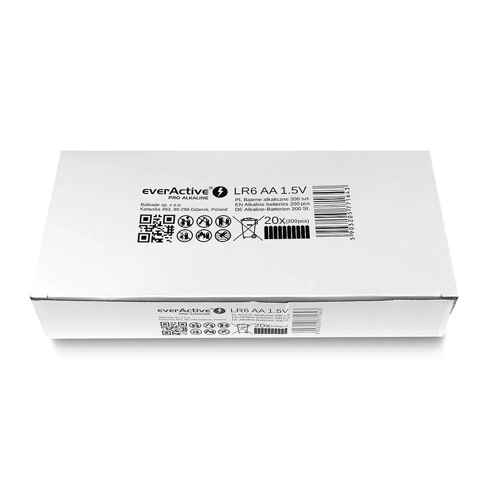 everActive Batterie AA, alcaline Pro, Mignon LR6 R6, 1,5 V, 10 anni, data di scadenza, confezione da 200 pezzi