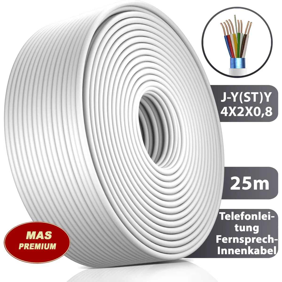 MAS Premium Cavo per telecomunicazioni da 5 a 250 m J-Y (ST) Y 4 x 2 x 0,8, linea telefonica (25 m)