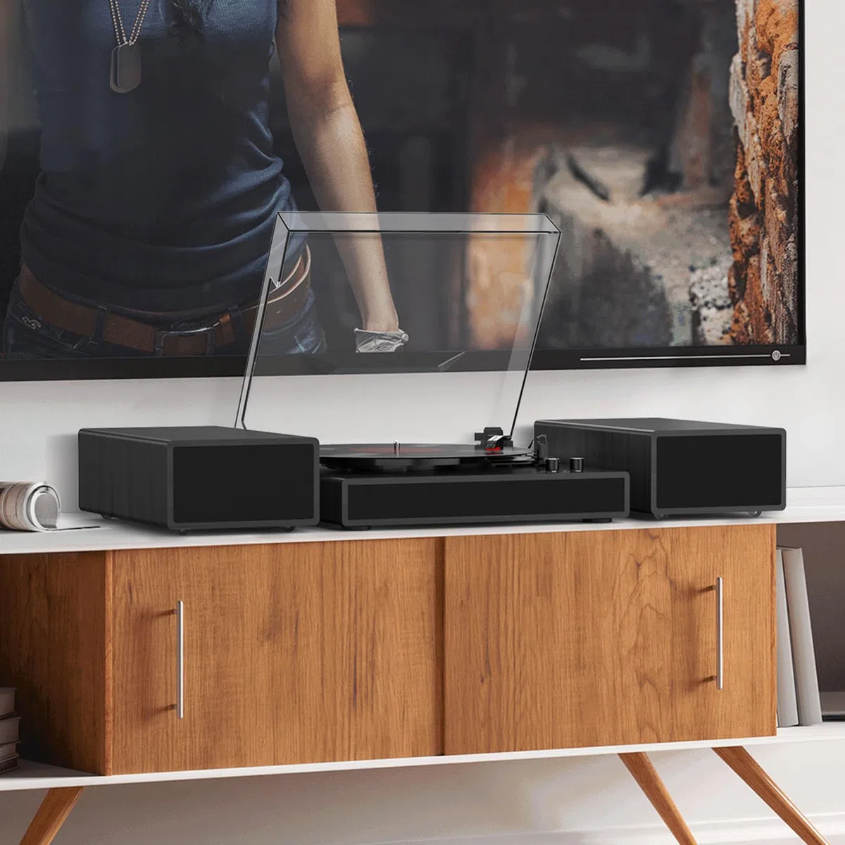 Giradischi vintage con doppio altoparlante stereo esterno, supporto per la riproduzione wireless Bluetooth, supporto per la riproduzione a 3 velocità, 33 1/3, 45, 78 giri/min, per vinile con uscita