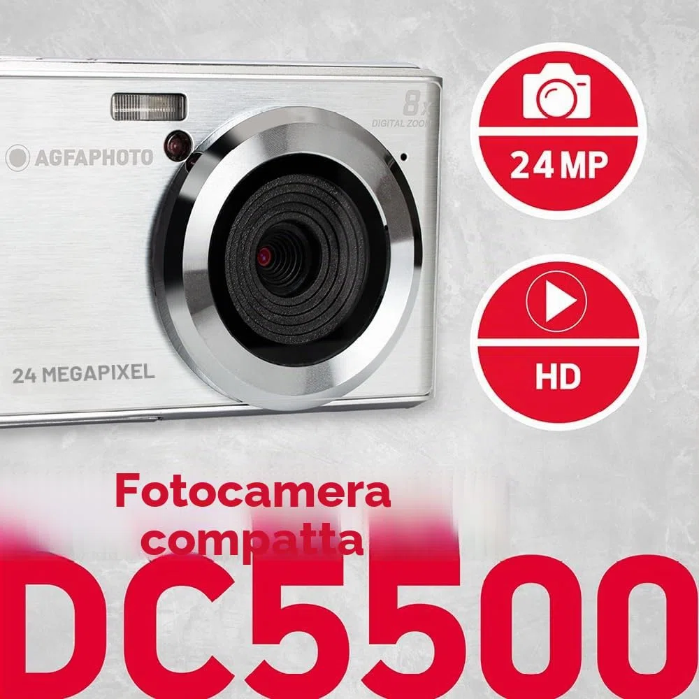 AgfaPhoto - Fotocamera Compatta Digitale 24MP - Realishot DC5500 - Schermo LCD 2,4" - Zoom Digitale 8X - Video HD 720p - Autofocus, Rilevamento Viso & Stabilizzazione - Batteria al Litio - Argento