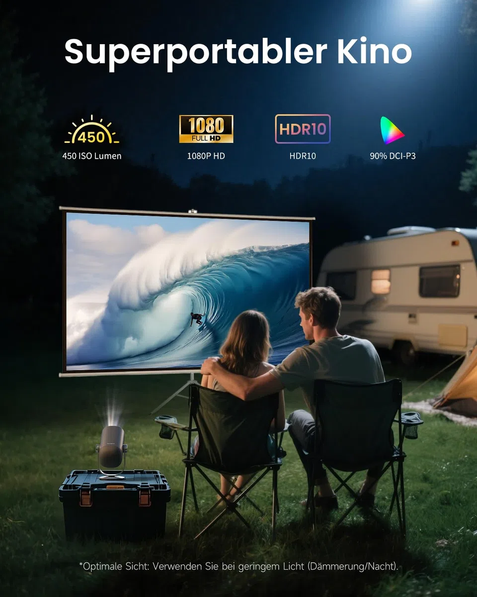 Proiettore portatile con Batteria integrata, Mini Proiettore Dangbei Freedo, GTV Integrato e licenza Netflix, 1080P FHD, Supporto Regolabile, 450 lumen ISO, 2,5 Ore di Riproduzione