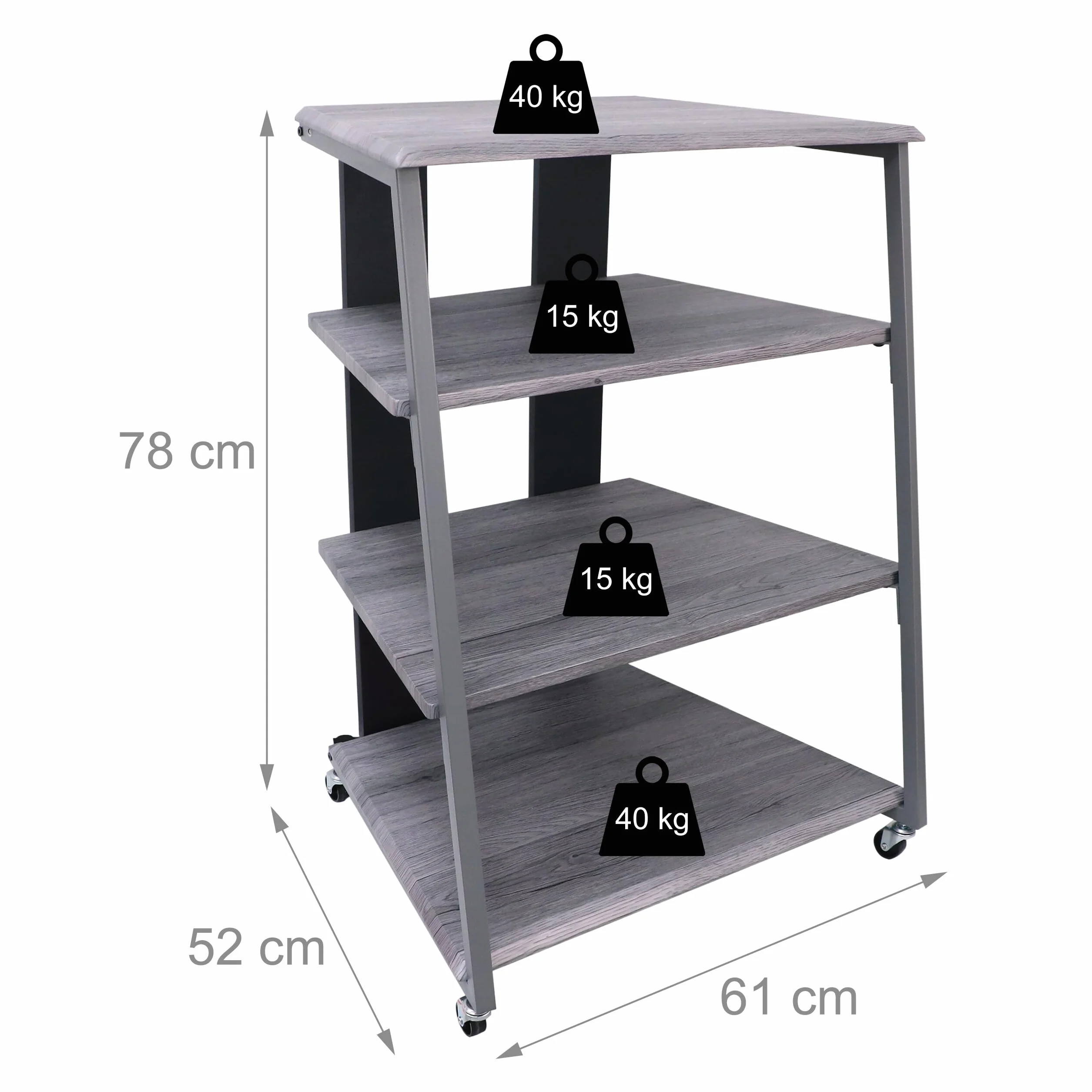 Relaxdays HiFi-Rack, 4 Ripiani per Giradischi e Stereo, Ferro/MDF, 78x61x52 cm, scaffale multimediale Grigio