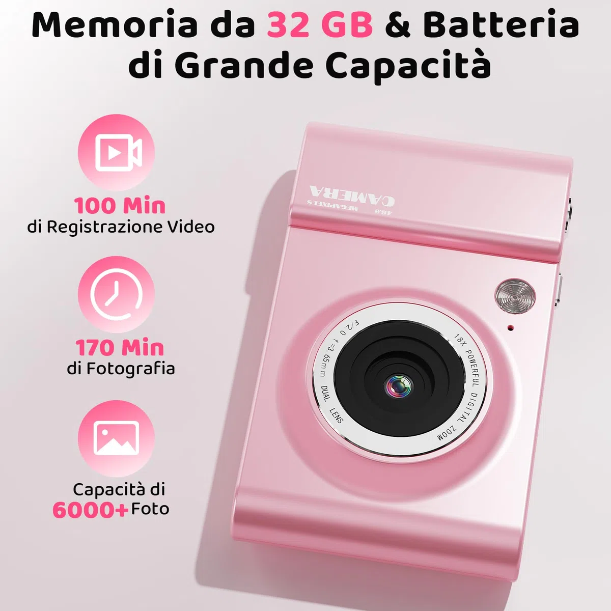 CHAKEYAKE Fotocamera Digitale, 4K 64MP Fotocamera con Zoom Digitale 18X, Schermo LCD Da 2,4", Autofocus, Scheda 32 GB, Filtri, Fotocamera Portatile per Bambini, Adolescenti, Vlogger Principianti, Rosa