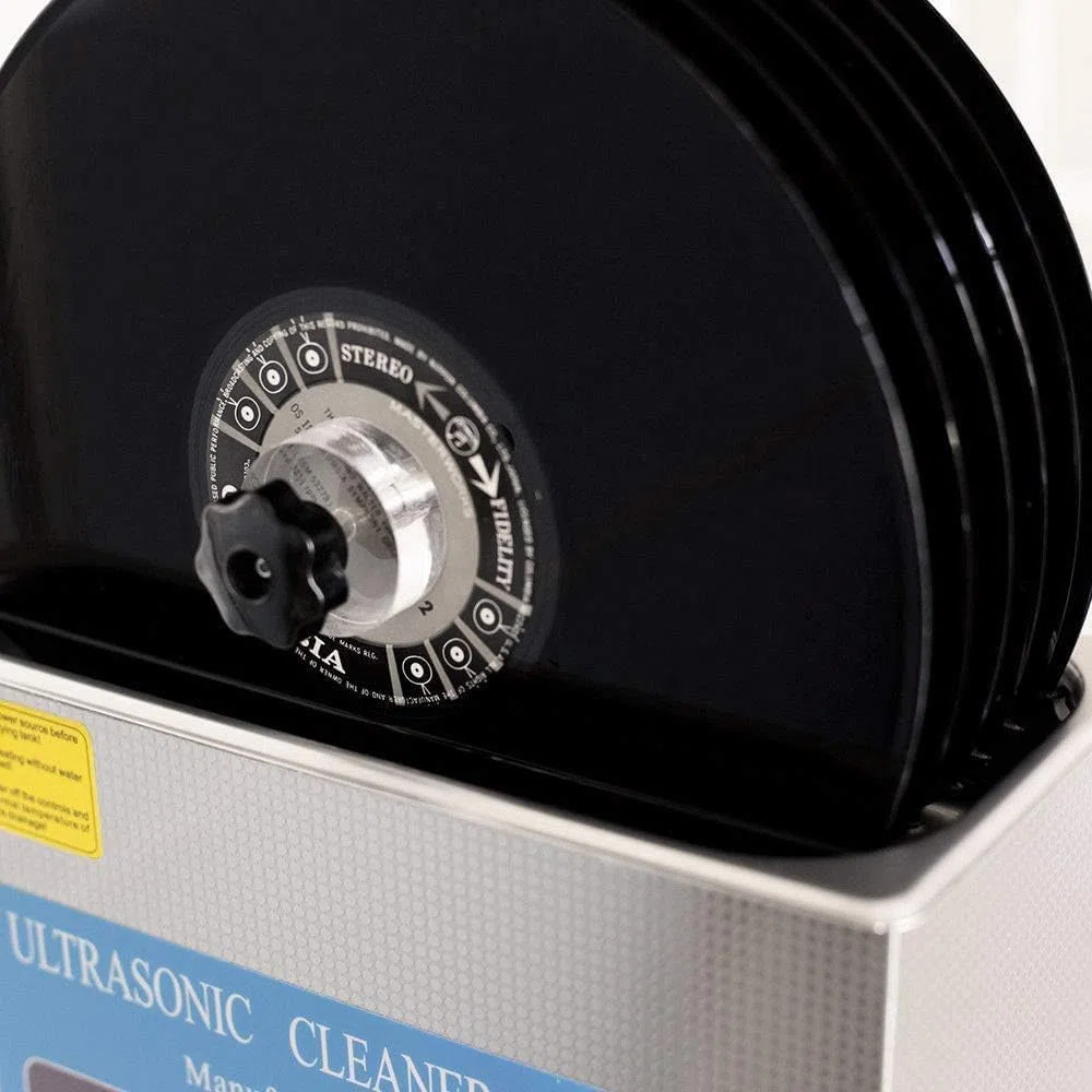 Pulitore a ultrasuoni per dischi in vinile, pulisce 6 dischi contemporaneamente con timer da 0 a 20 minuti, ripiano sollevabile e supporto per asciugatura per una pulizia profonda