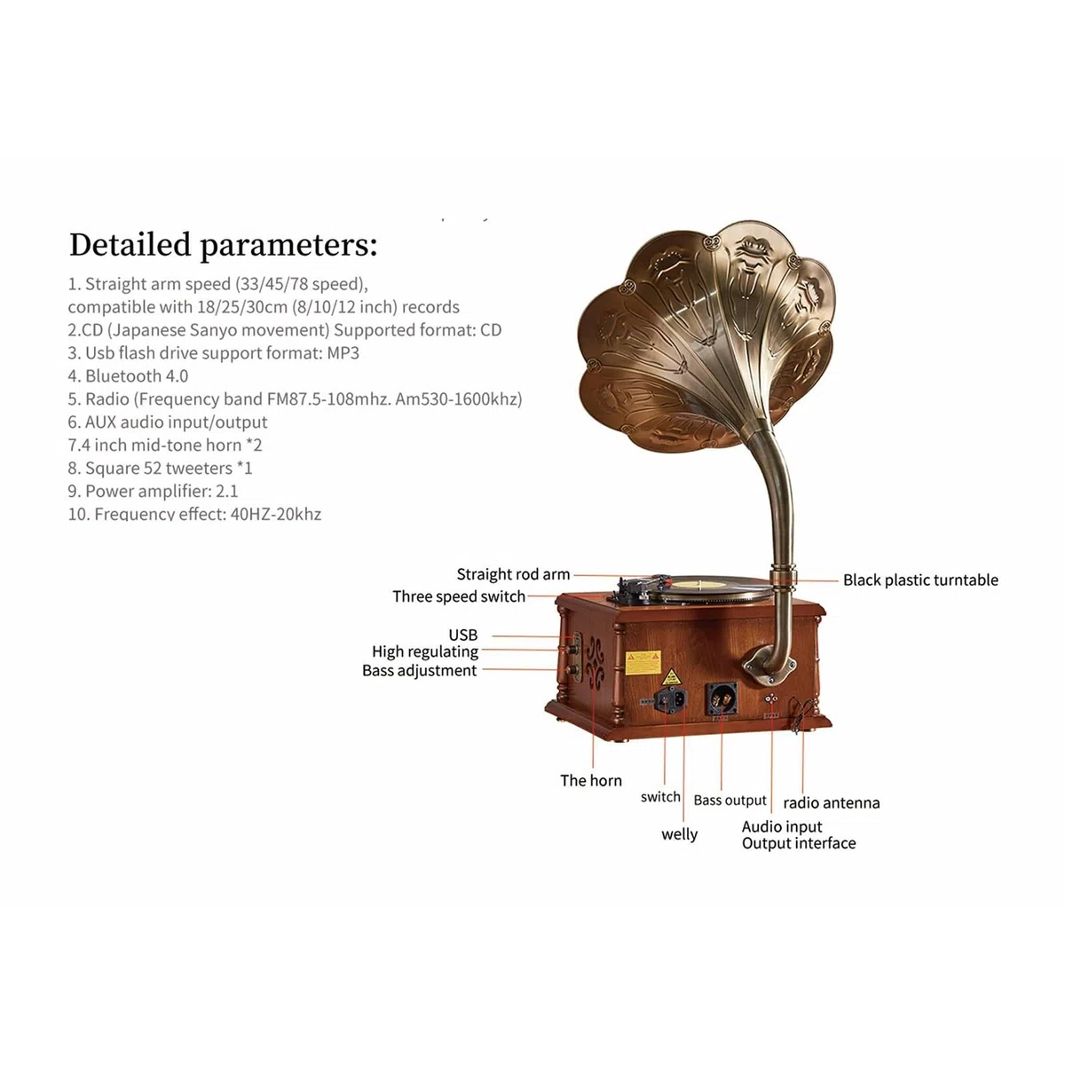 Giradischi in vinile, giradischi retrò con Bluetooth, radio FM, USB, altoparlanti stereo, tre velocità, telecomando per decorazione domestica