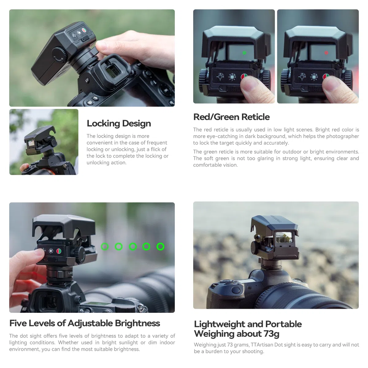 TTArtisan Fotocamera Dot Sight Super-Tele-Tracking visiera con mirino rosso/verde, 5 livelli di luminosità, 73 g, supporto per scarpe freddo/flash per fotocamere DSLR e mirrorless