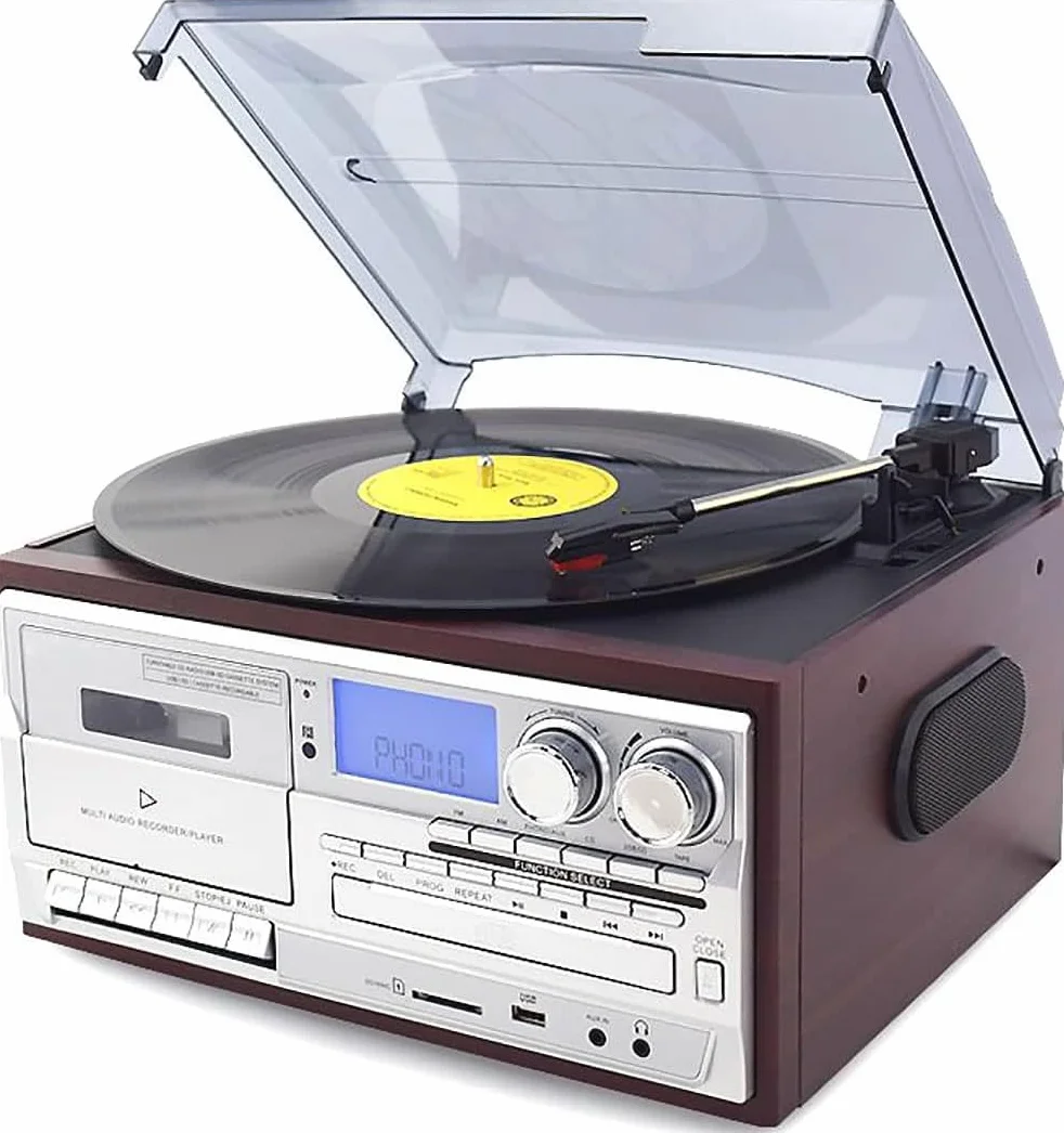 Giradischi in vinile, giradischi a 3 velocità con lettore CD, radio, USB/SD, telecomando, trasmissione a cinghia, funzione di digitalizzazione, slot per cassette per gli amanti della musica