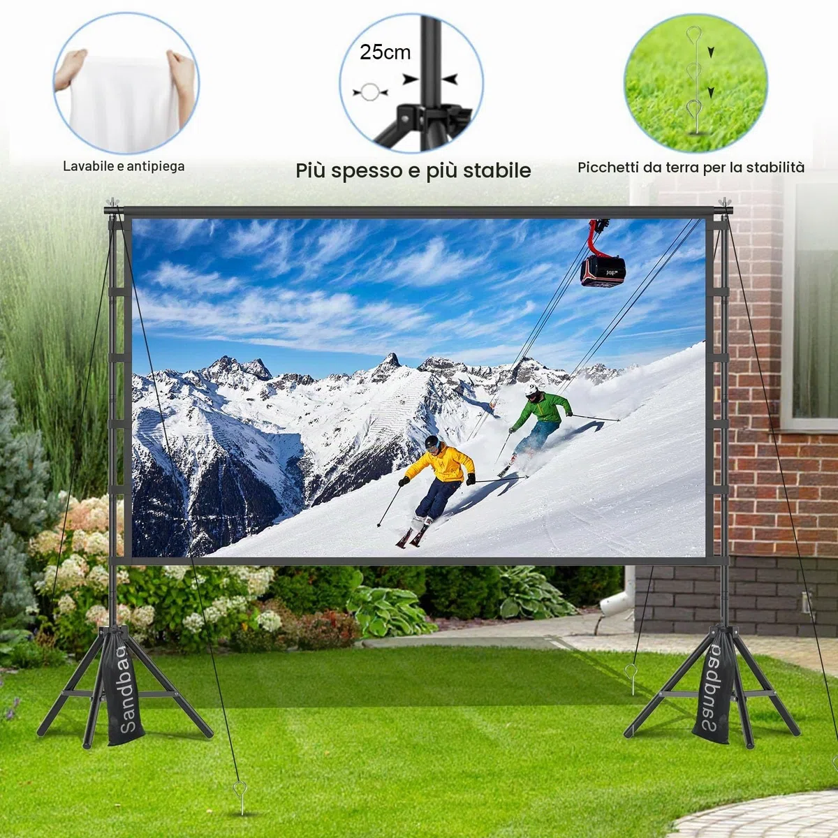 TOWOND Schermo per proiettore da 120 pollici, con supporto, pieghevole, portatile, 16:9, HD, per esterni per home cinema e giardino, proiezione anteriore e posteriore, lavabile in poliestere antipiega