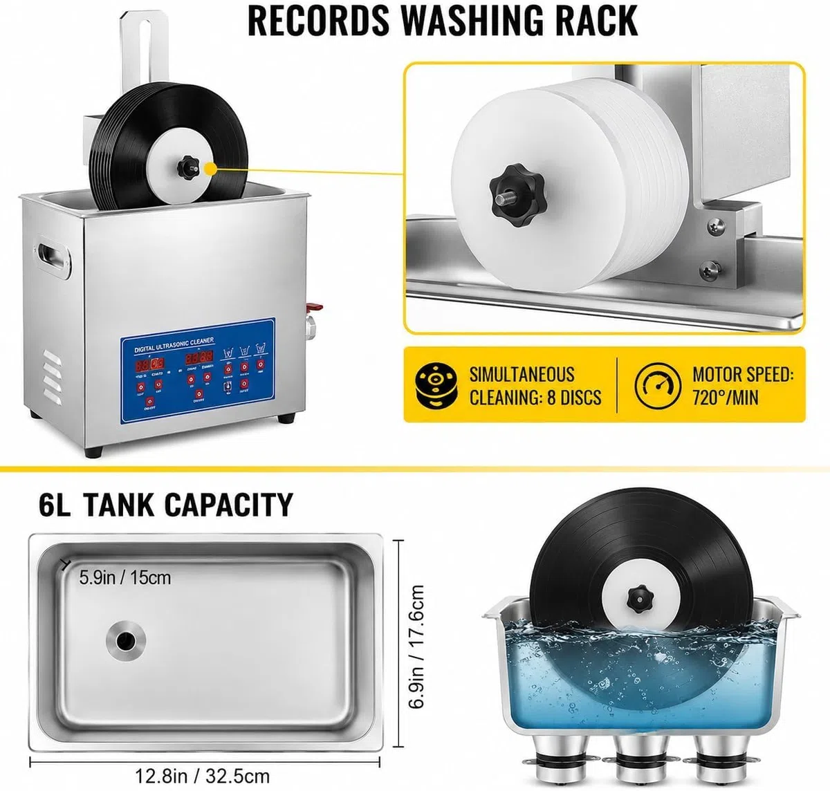 Macchina per la pulizia dei dischi in vinile, pulizia automatica su entrambi i lati, per 8 LP con timer da 0 a 30 minuti, cura efficiente per gli amanti della musica e i collezionisti