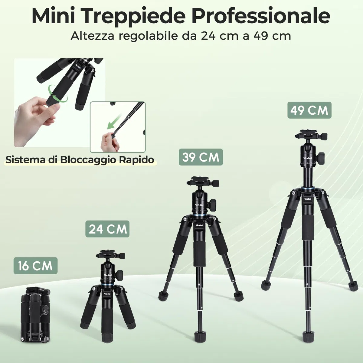 Rollei Compact Traveler Mini M1, Mini Treppiede Fotocamera in Alluminio 49cm Cavalletto Fotografico Piccolo Leggero con Testa a Sfera Arca Swiss per DSLR Nero, Macro-Treppiede-Fotocamera-Tripod